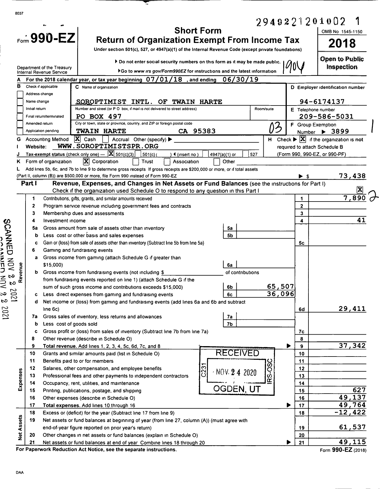 Image of first page of 2018 Form 990EZ for Soroptimist International of the Americas - 117226 Twain Harte Ca