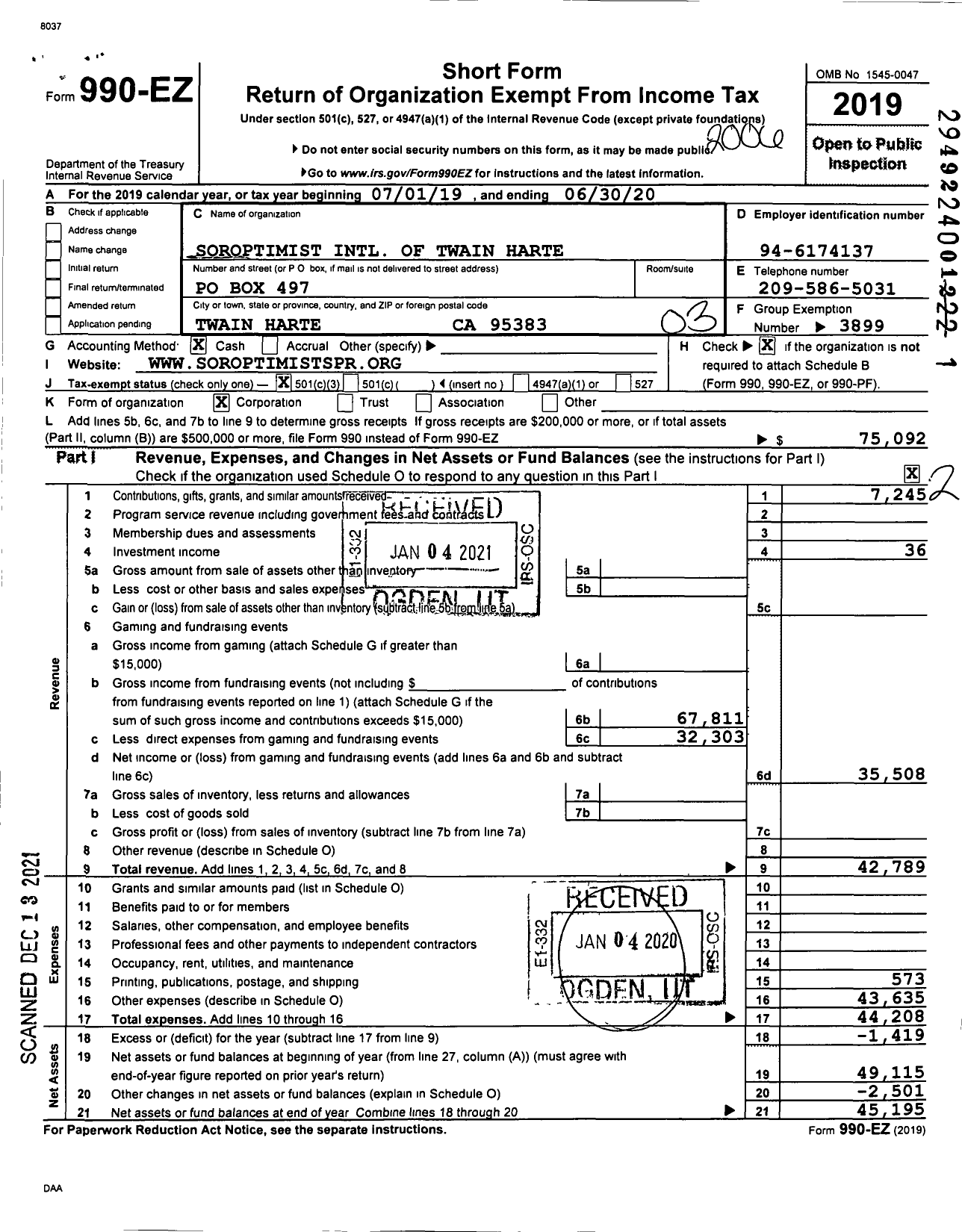 Image of first page of 2019 Form 990EZ for Soroptimist International of the Americas - 117226 Twain Harte Ca