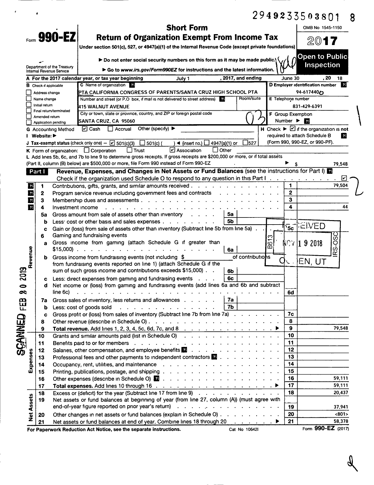 Image of first page of 2017 Form 990EZ for California State PTA - Santa Cruz High School Ptsa