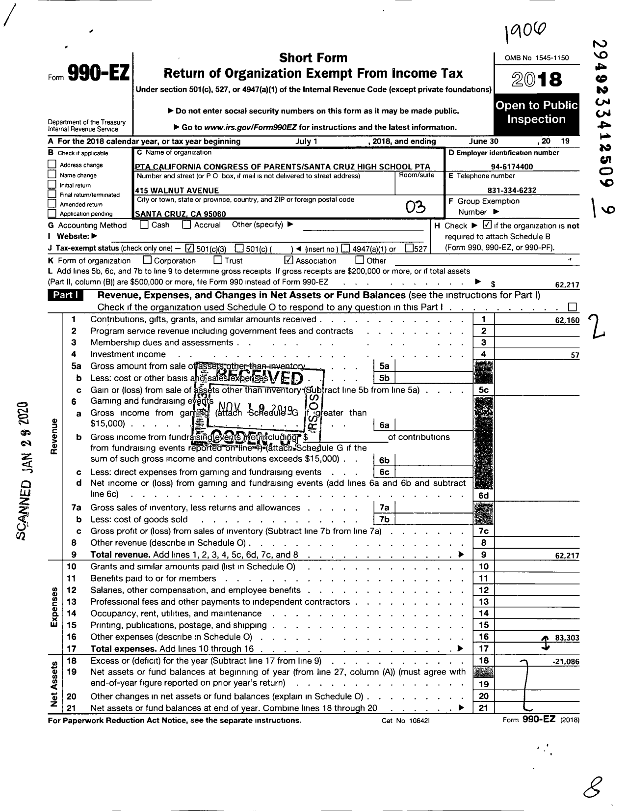 Image of first page of 2018 Form 990EZ for California State PTA - Santa Cruz High School Ptsa