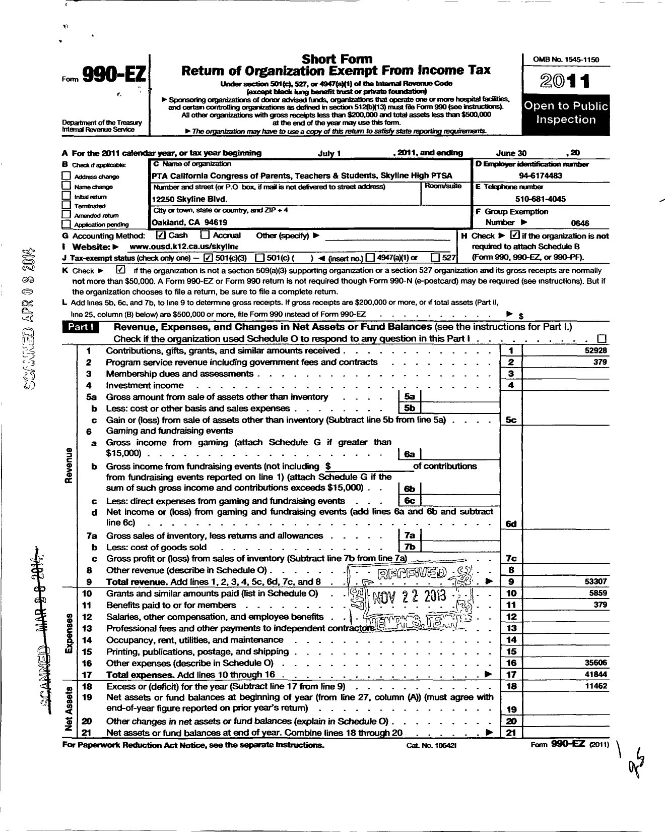 Image of first page of 2010 Form 990EZ for California State PTA - Skyline High Ptsa