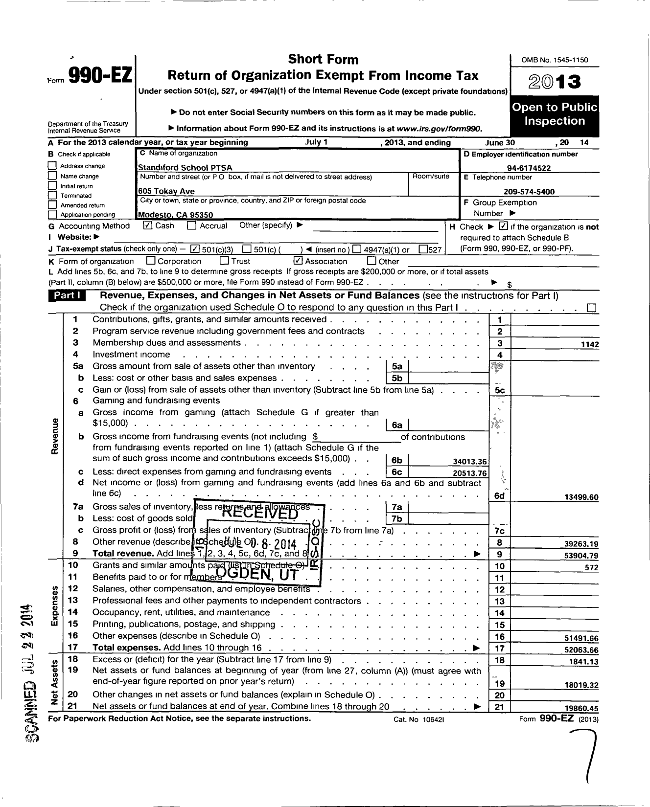 Image of first page of 2013 Form 990EZ for California State PTA - Standiford Elementary PTA