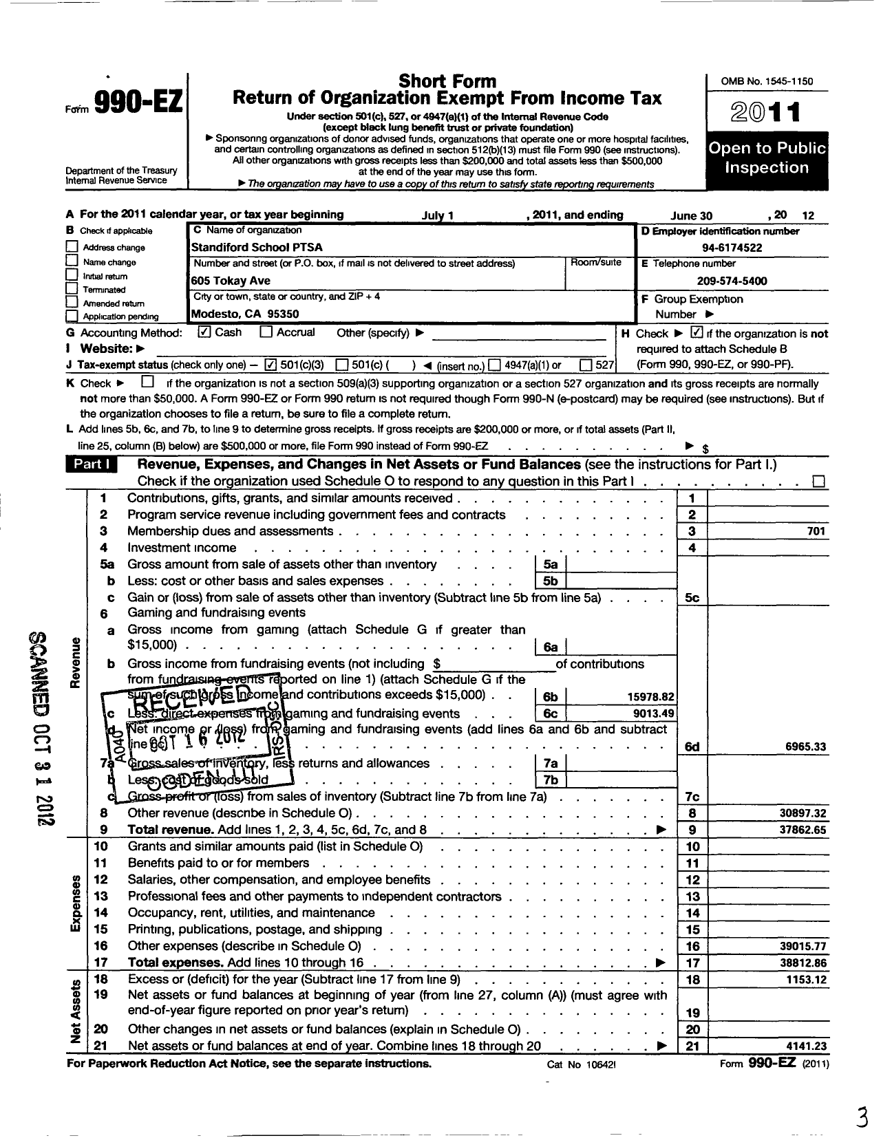 Image of first page of 2011 Form 990EZ for California State PTA - Standiford Elementary PTA