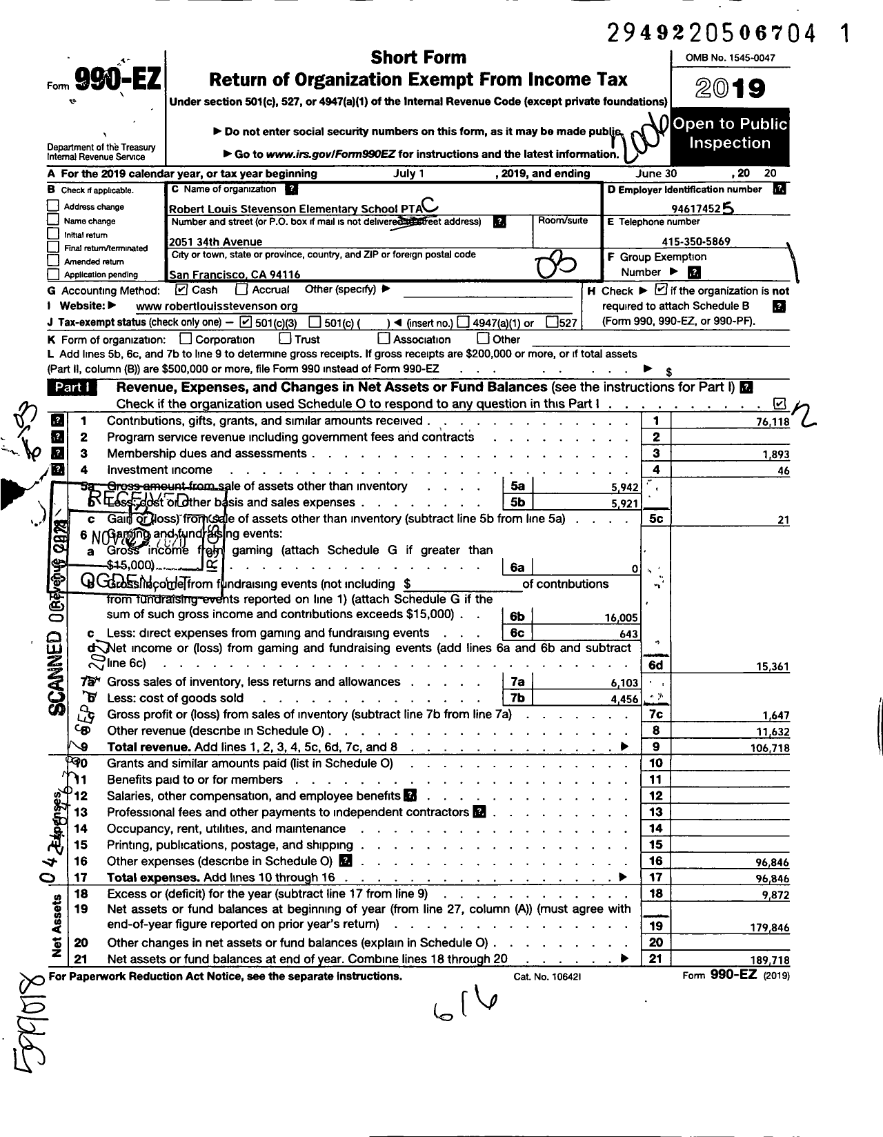 Image of first page of 2019 Form 990EZ for California State PTA - Robert Louis Stevenson Elem PTA