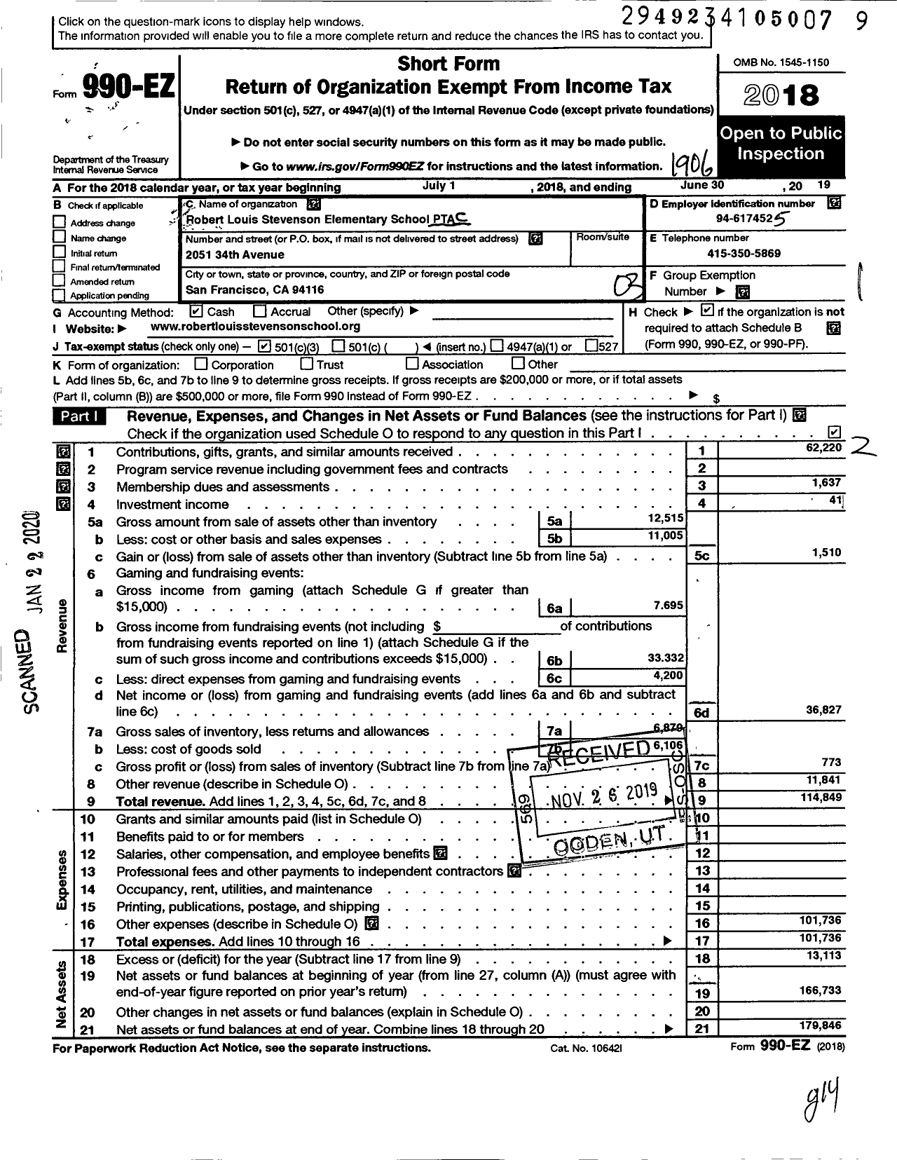 Image of first page of 2018 Form 990EZ for California State PTA - Robert Louis Stevenson Elem PTA