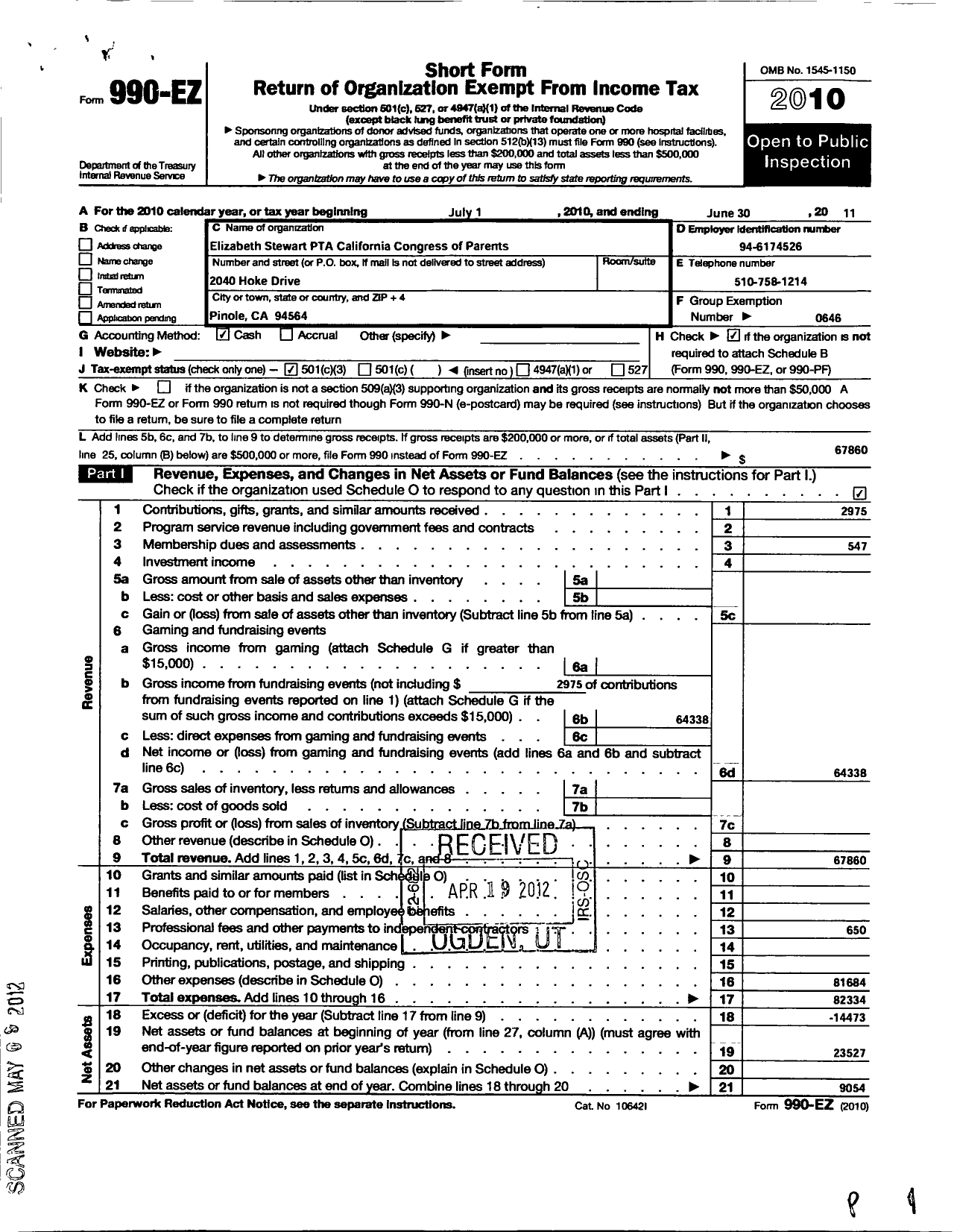 Image of first page of 2010 Form 990EZ for California State PTA - Elizabeth Stewart PTA