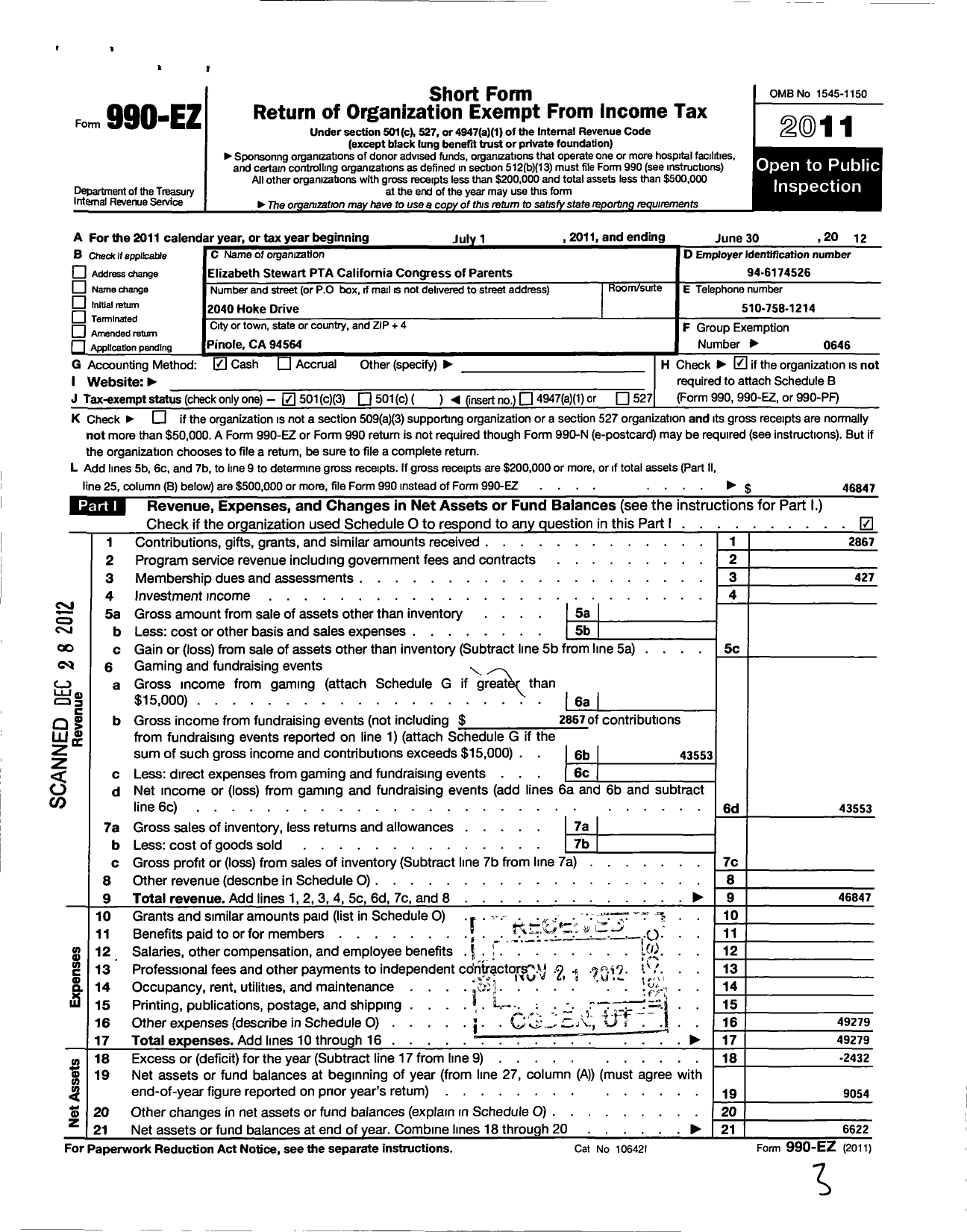 Image of first page of 2011 Form 990EZ for California State PTA - Elizabeth Stewart PTA