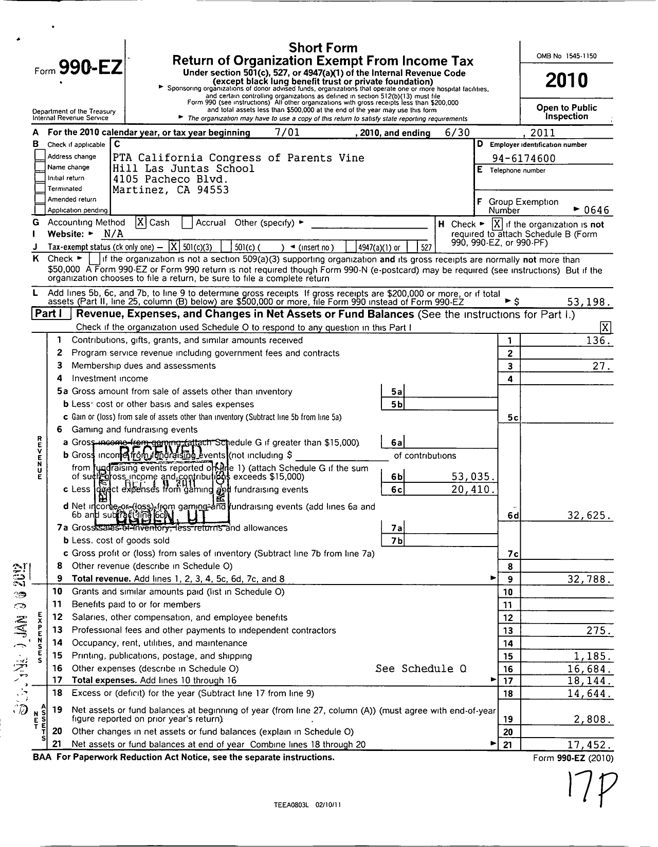 Image of first page of 2010 Form 990EZ for California State PTA - Las Juntas-Vine Hill Elementary PTA