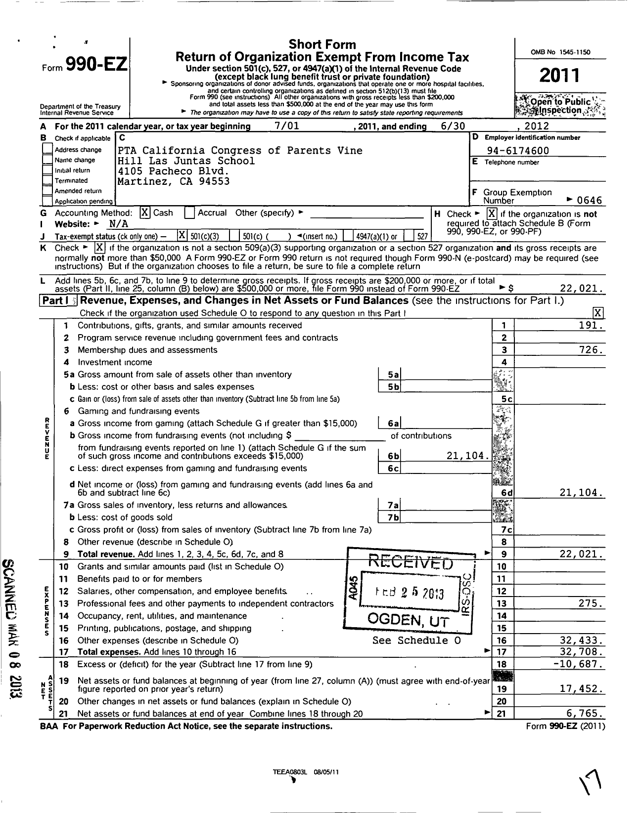 Image of first page of 2011 Form 990EZ for California State PTA - Las Juntas-Vine Hill Elementary PTA