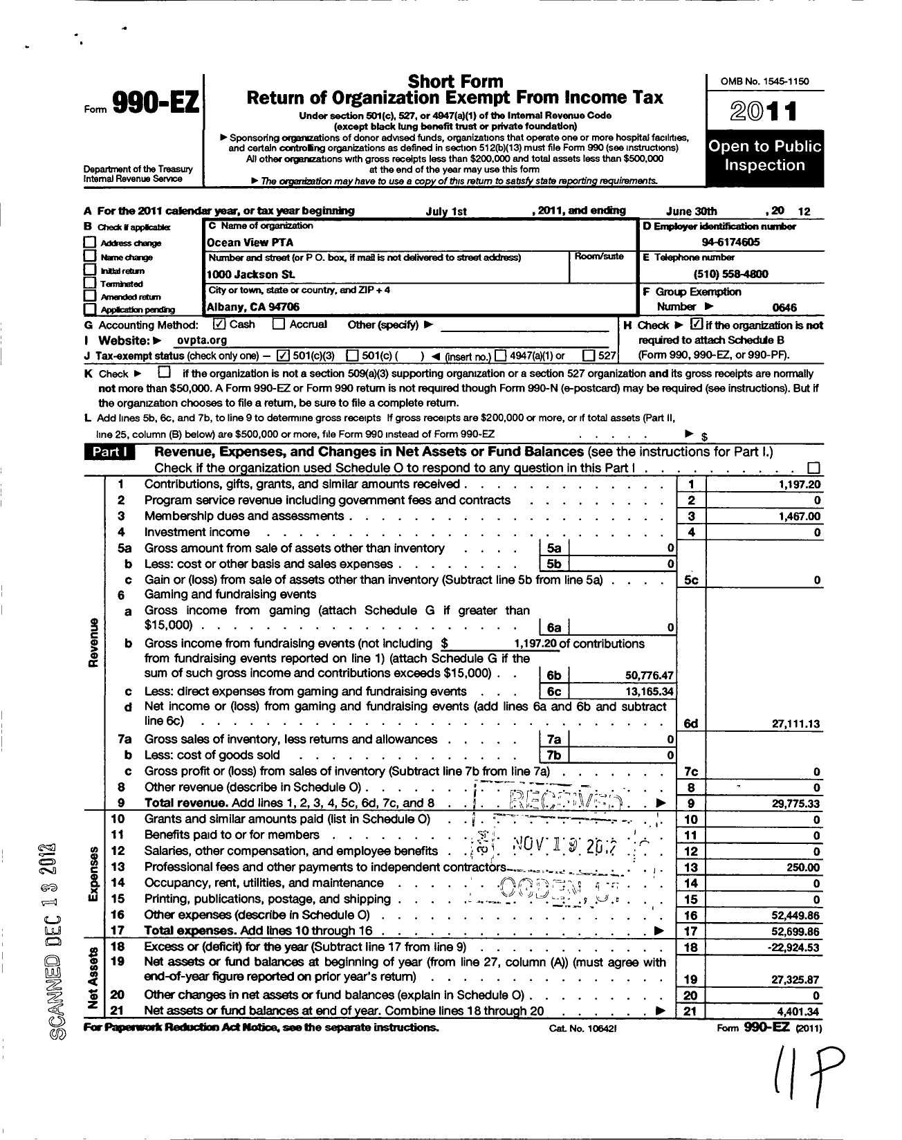 Image of first page of 2011 Form 990EZ for CALIFORNIA State PTA - Ocean View PTA