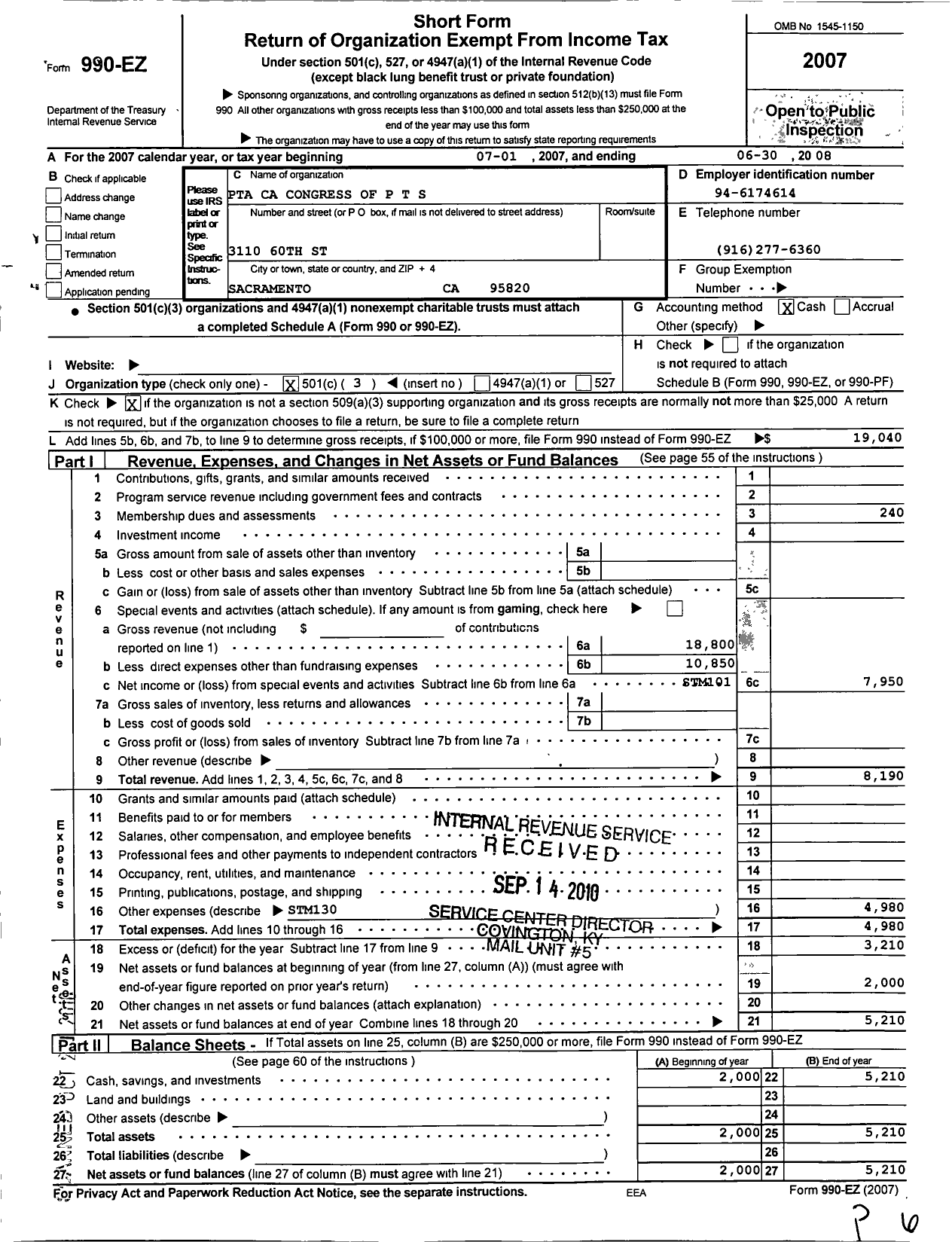 Image of first page of 2007 Form 990EZ for California State PTA - Tahoe Elementary PTA