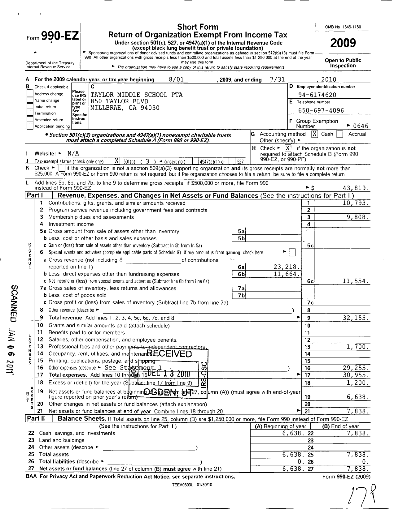 Image of first page of 2009 Form 990EZ for California State PTA - Taylor Middle PTA