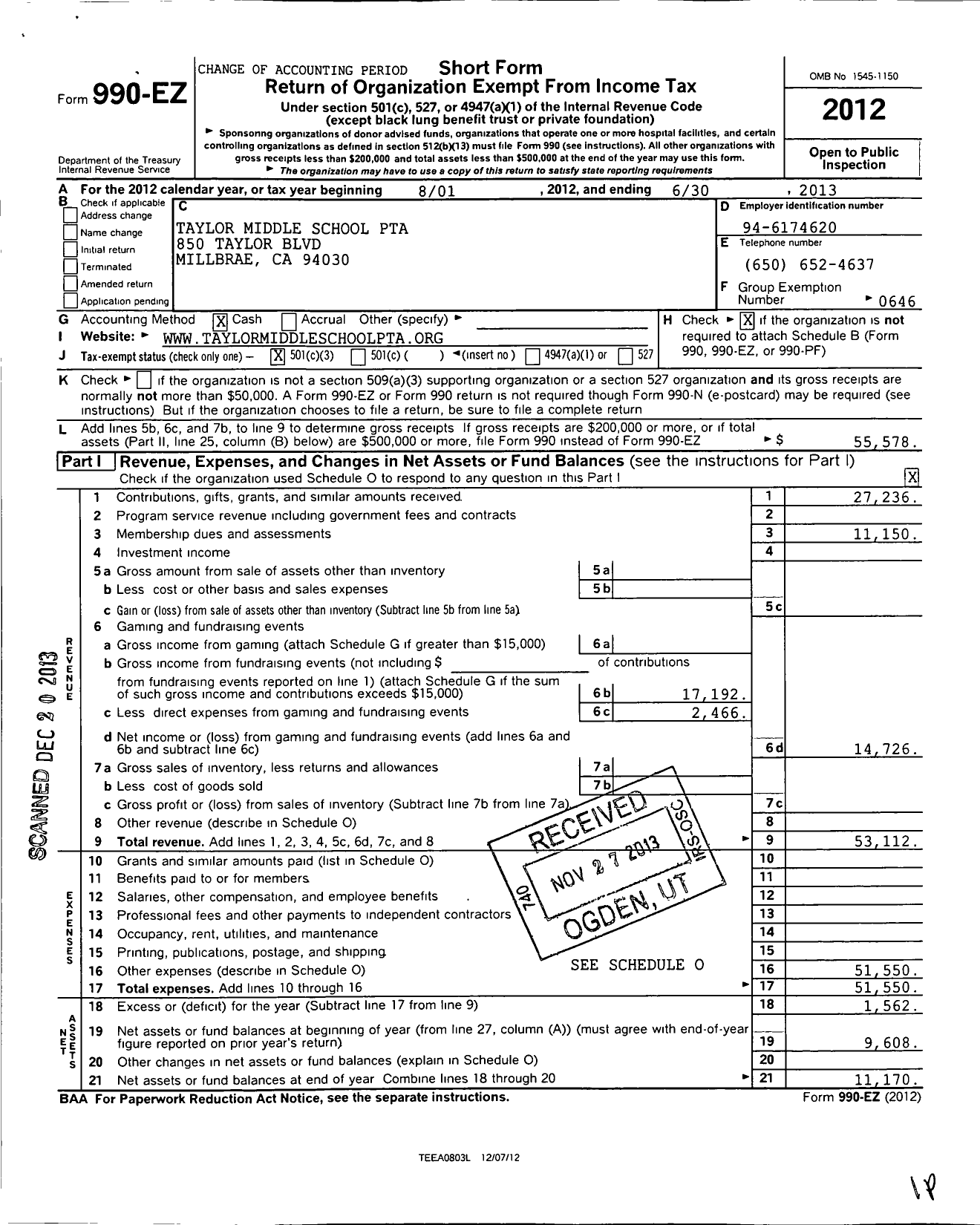 Image of first page of 2012 Form 990EZ for California State PTA - Taylor Middle PTA