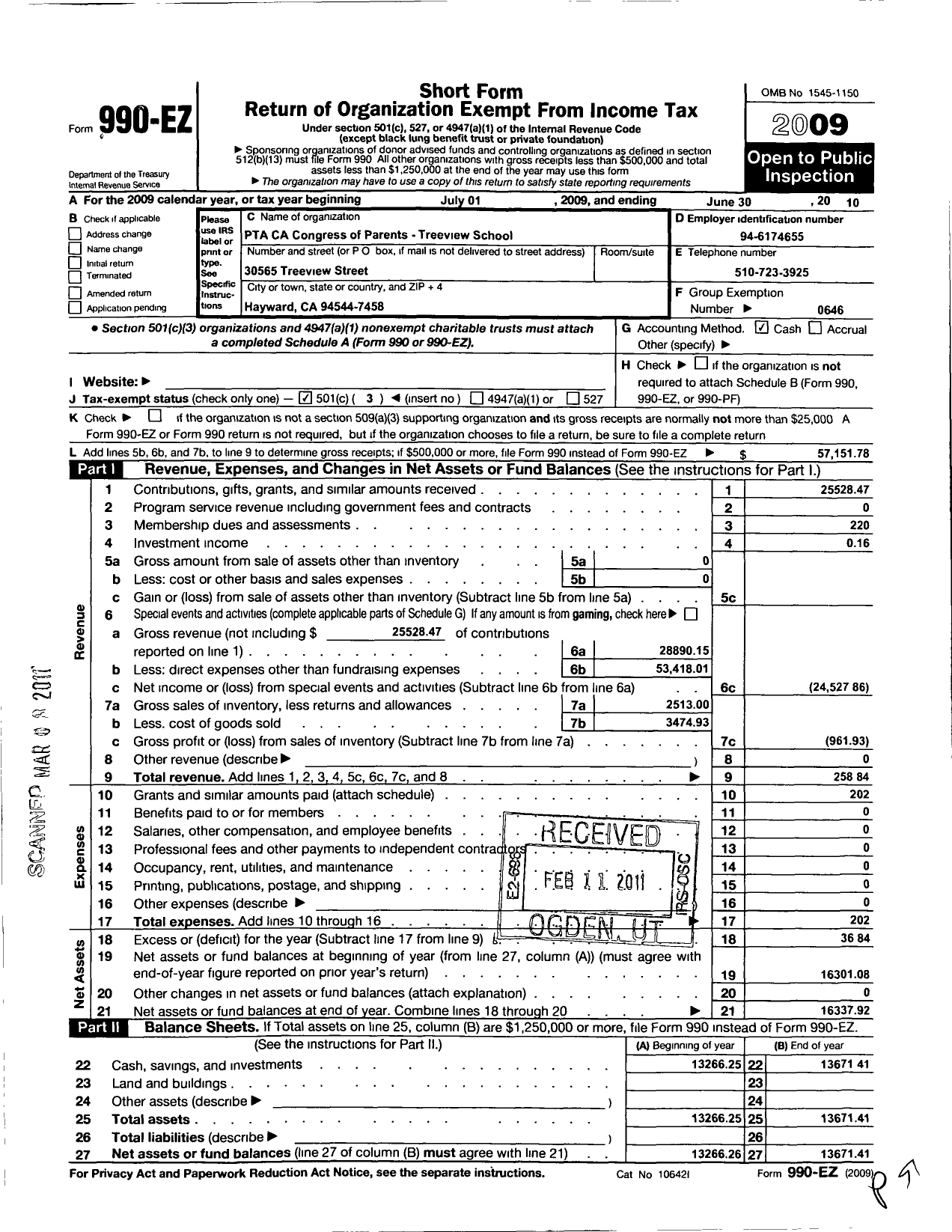 Image of first page of 2009 Form 990EZ for California State PTA - Treeview Bidwell PTA