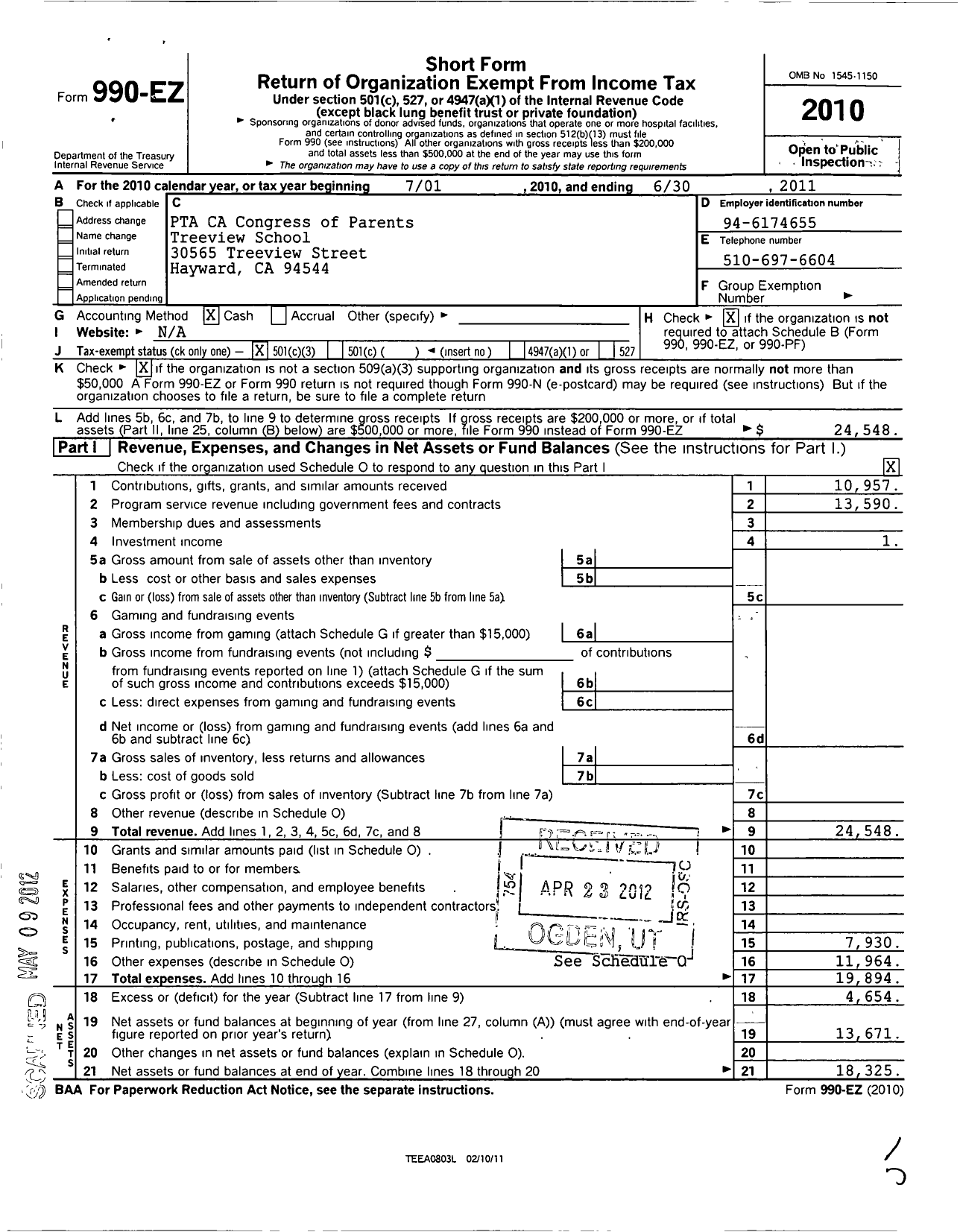 Image of first page of 2010 Form 990EZ for California State PTA - Treeview Bidwell PTA