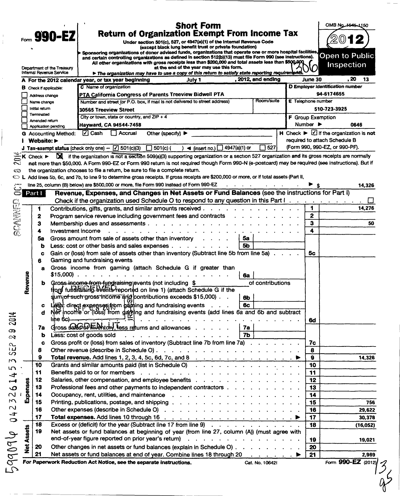 Image of first page of 2012 Form 990EZ for California State PTA - Treeview Bidwell PTA