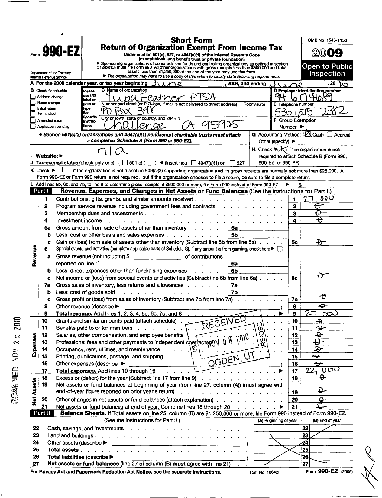 Image of first page of 2009 Form 990EO for California State PTA - Yuba Feather Elementary PTA