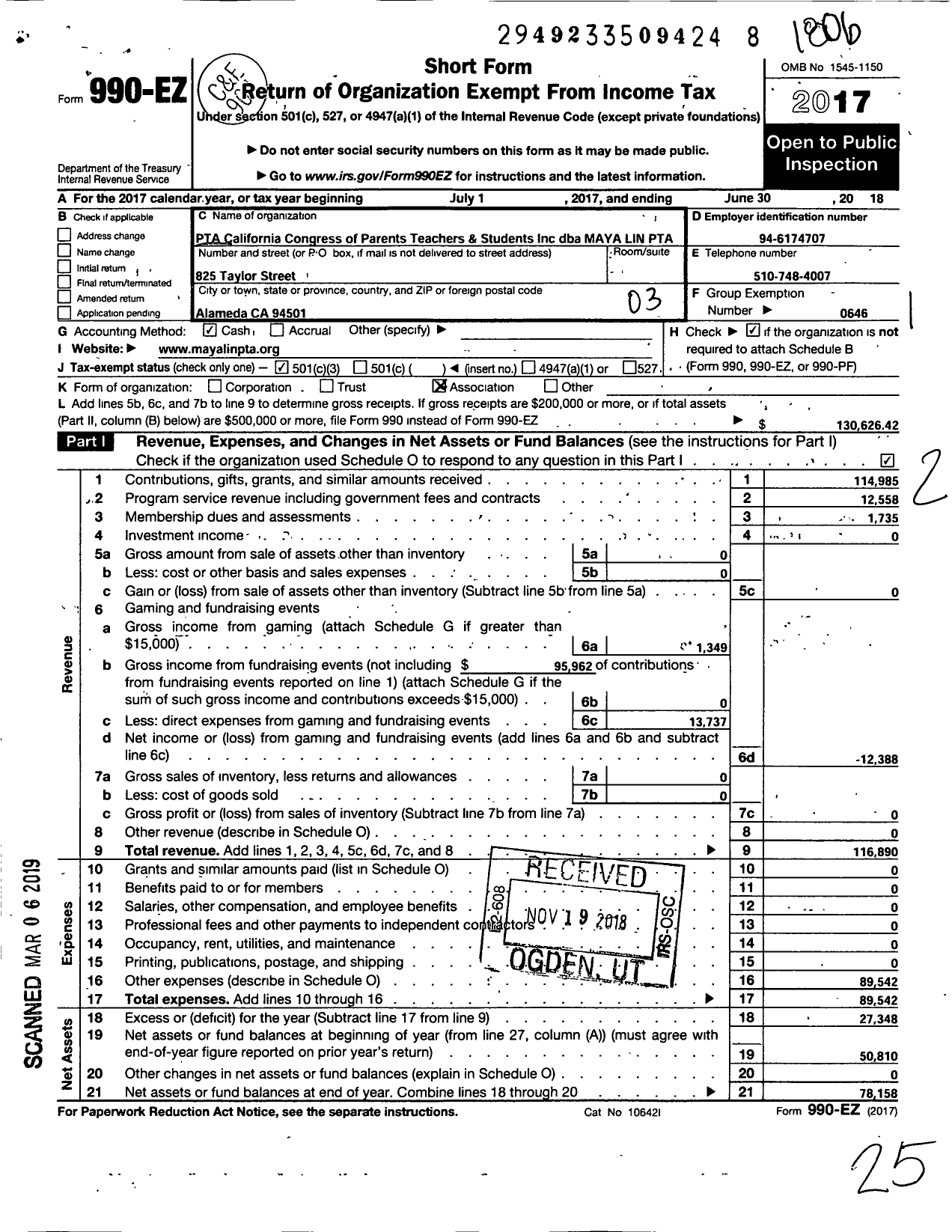 Image of first page of 2017 Form 990EZ for California State PTA - Maya Lin PTA