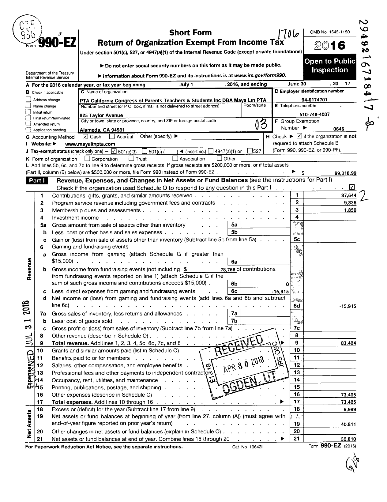 Image of first page of 2016 Form 990EZ for California State PTA - Maya Lin PTA