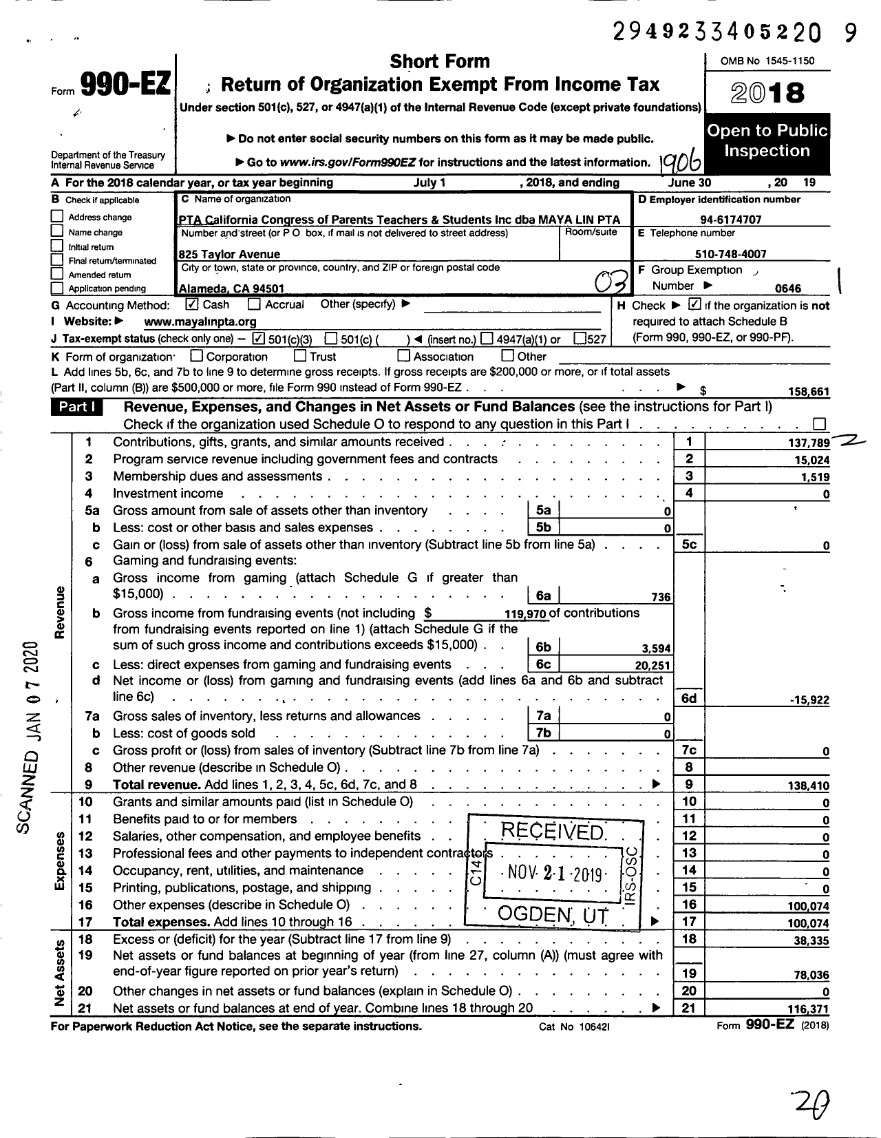 Image of first page of 2018 Form 990EZ for California State PTA - Maya Lin PTA