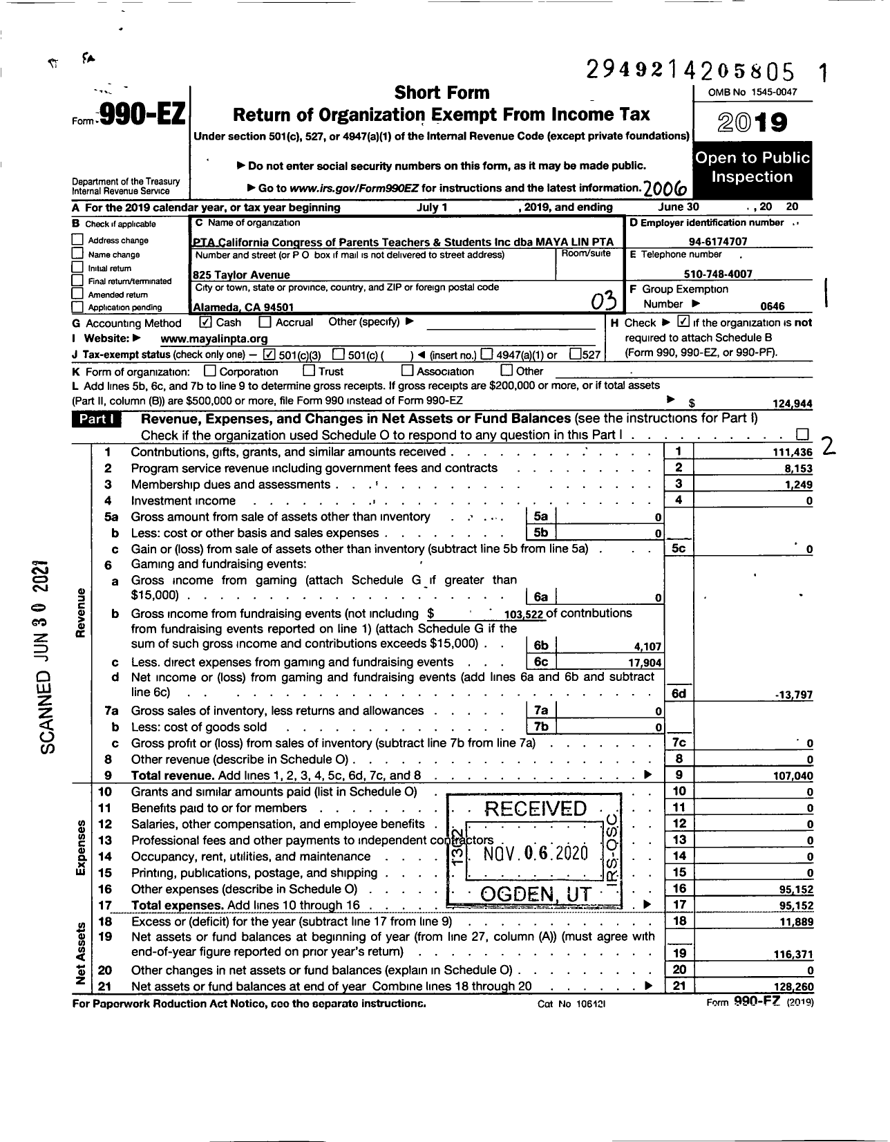 Image of first page of 2019 Form 990EZ for California State PTA - Maya Lin PTA