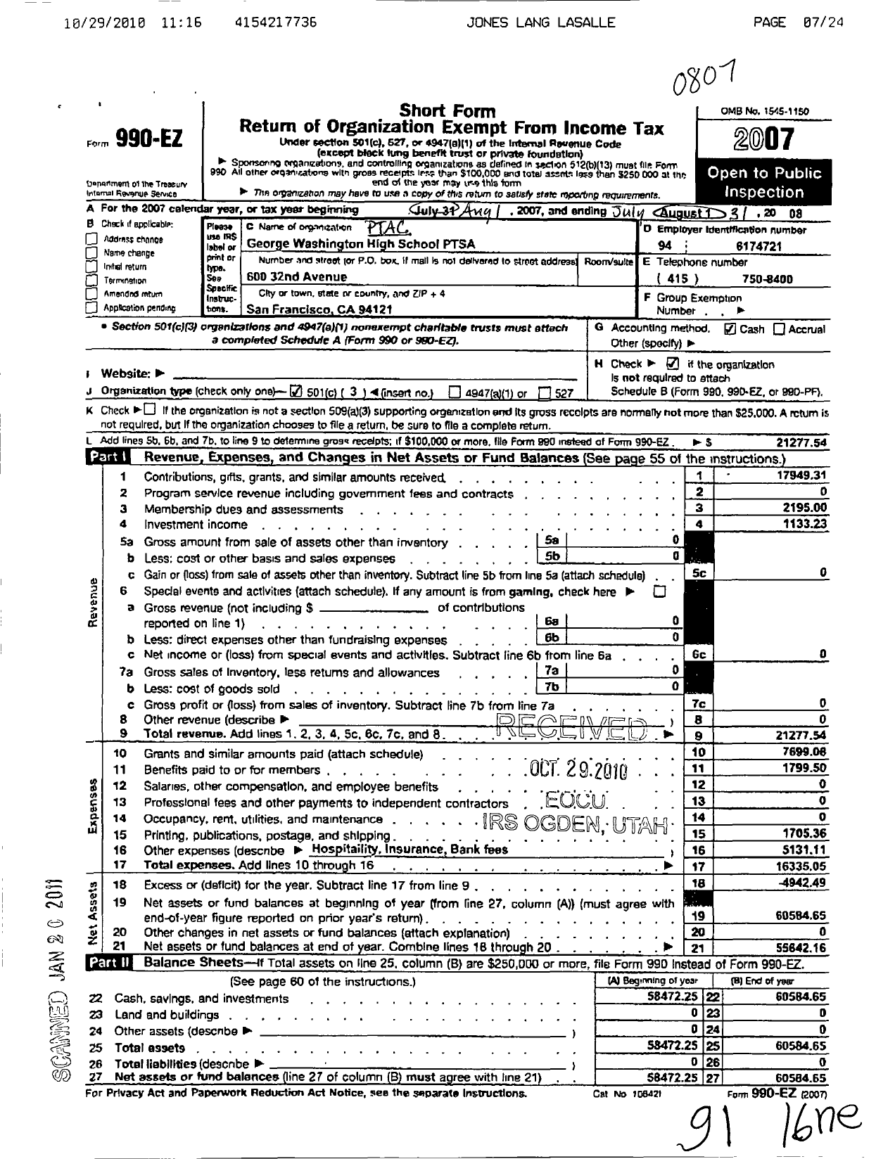 Image of first page of 2007 Form 990EZ for California State PTA - George Washington High School Ptsa