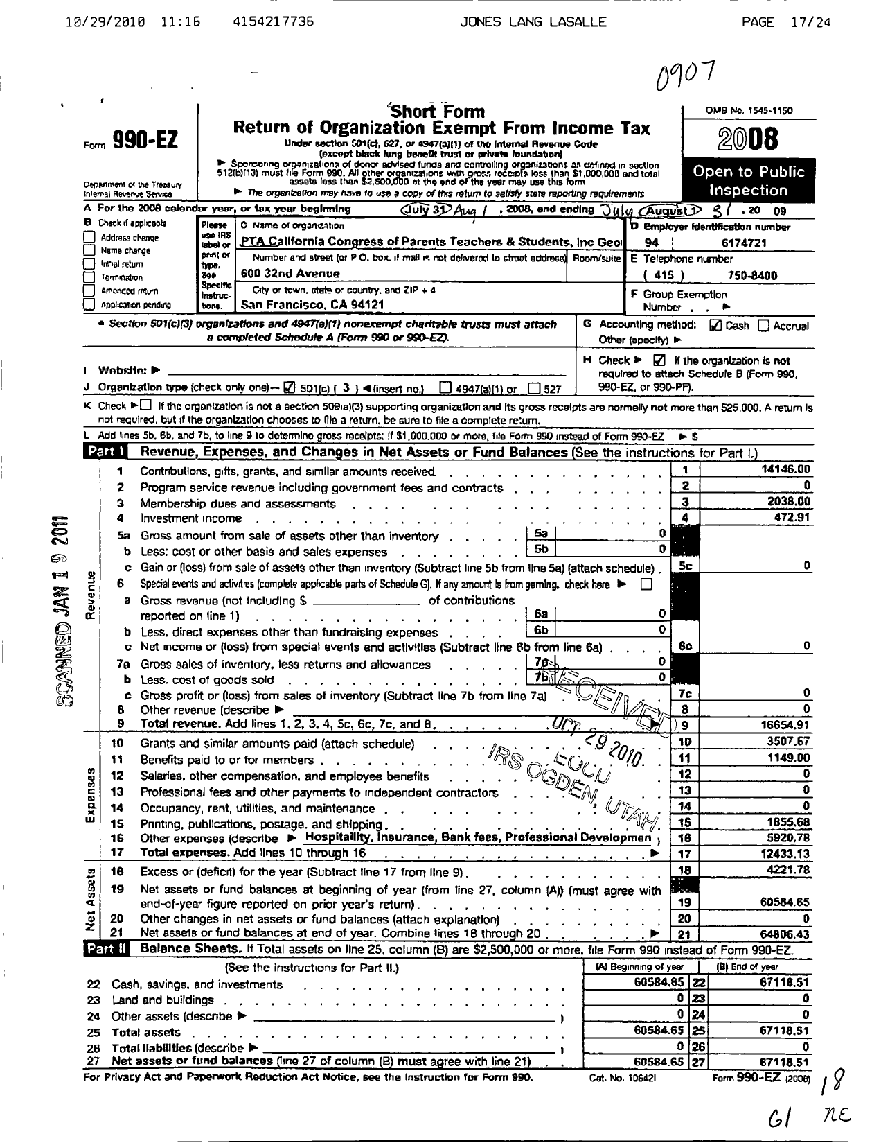 Image of first page of 2008 Form 990EZ for California State PTA - George Washington High School Ptsa