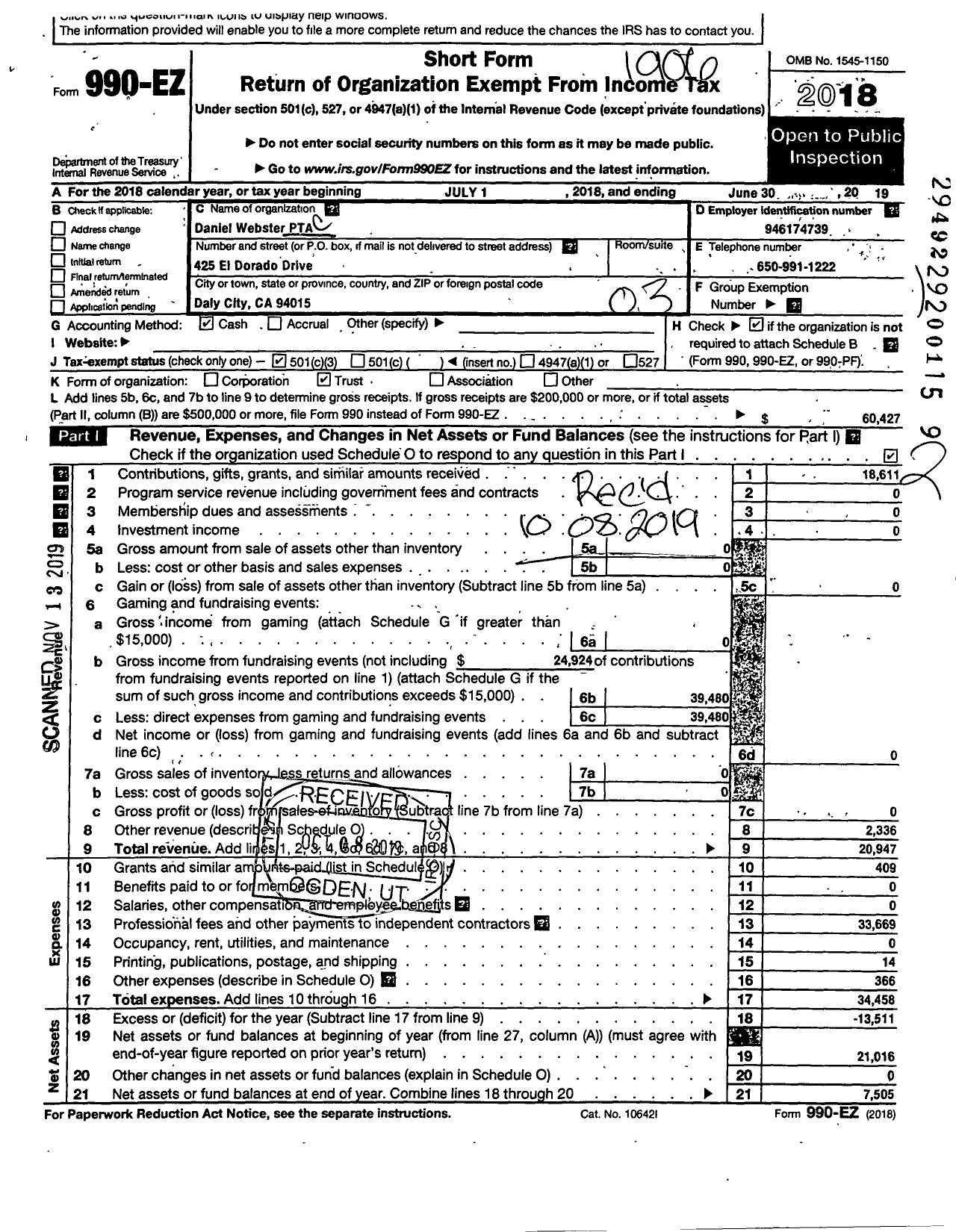 Image of first page of 2018 Form 990EZ for California State PTA - Daniel Webster Elementary PTA