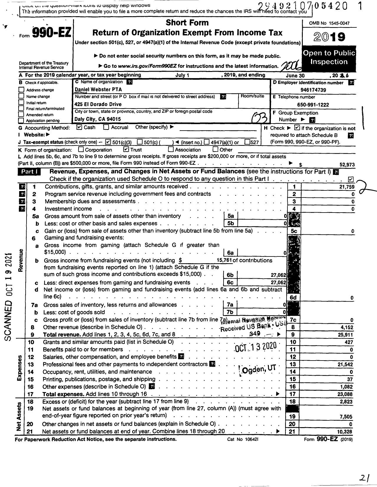 Image of first page of 2019 Form 990EZ for California State PTA - Daniel Webster Elementary PTA