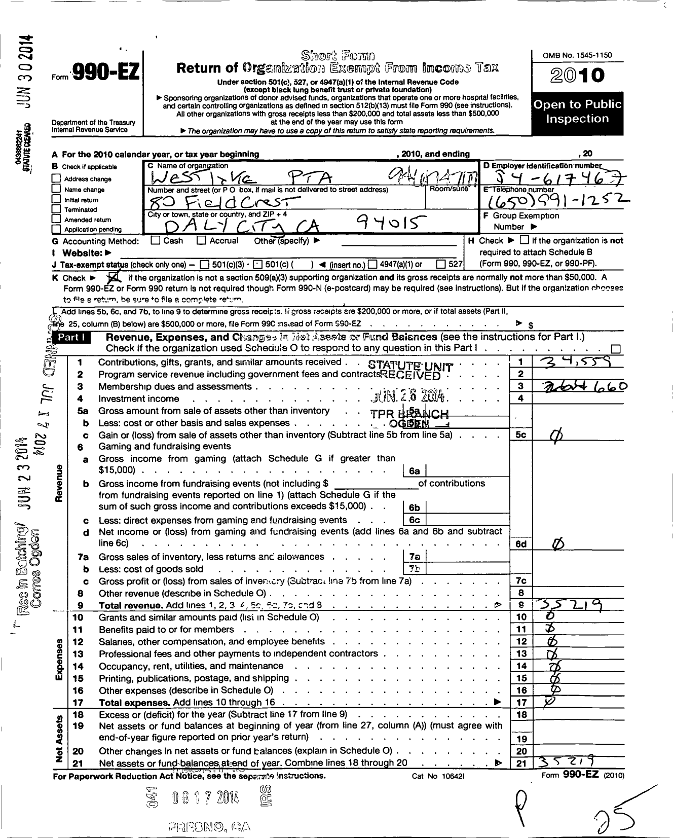 Image of first page of 2010 Form 990EO for California State PTA - Westlake Elementary PTA