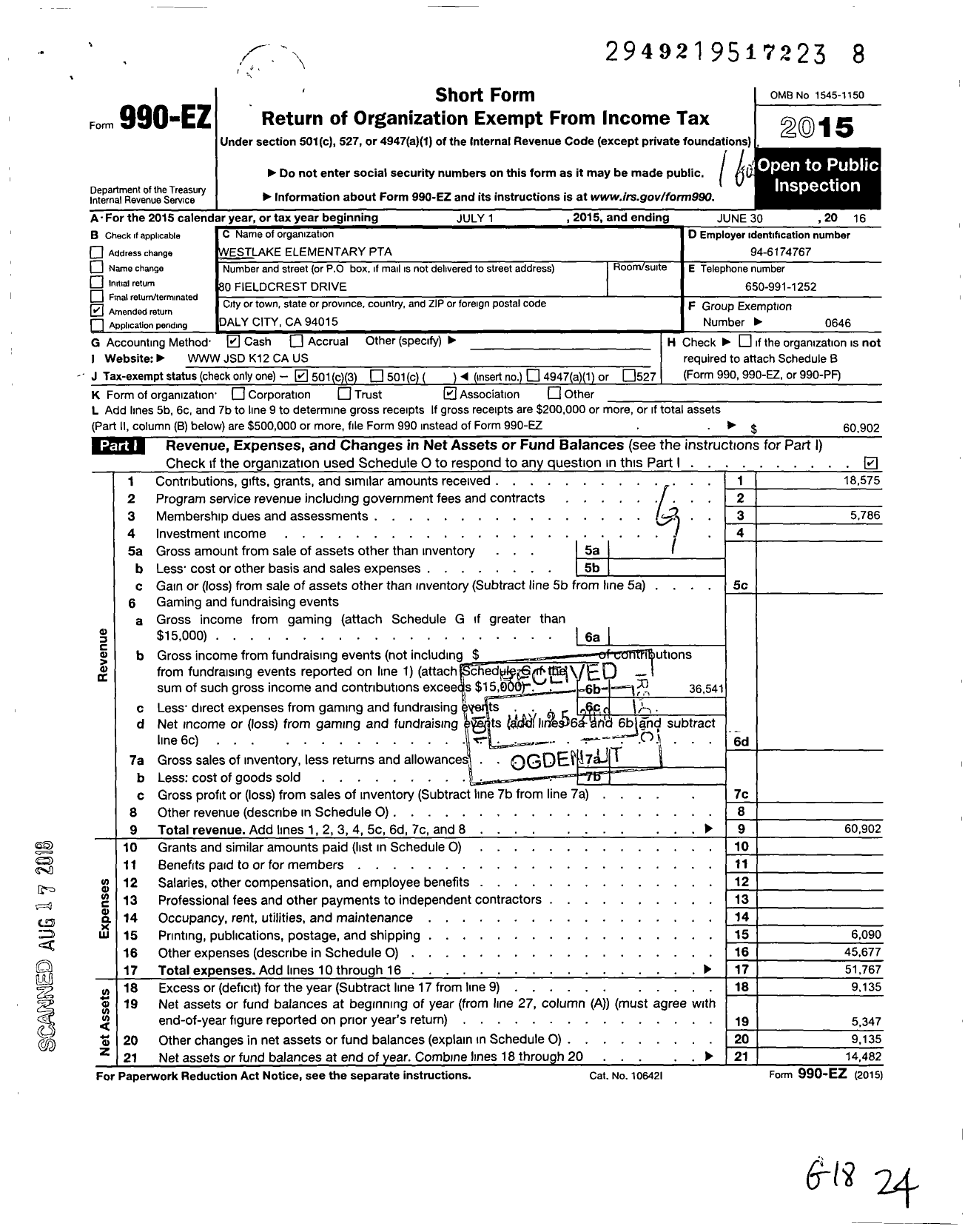 Image of first page of 2015 Form 990EZ for California State PTA - Westlake Elementary PTA