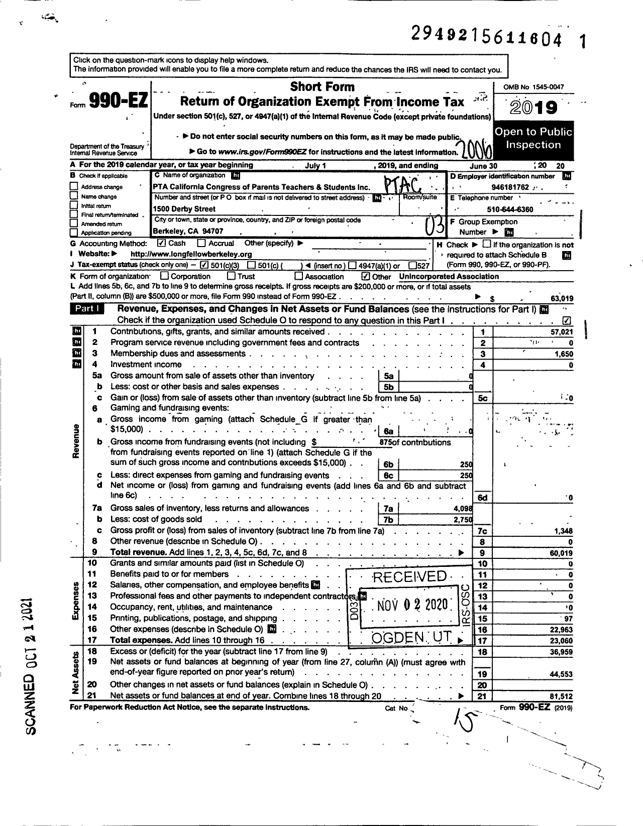 Image of first page of 2019 Form 990EZ for California State PTA - Longfellow Middle PTA