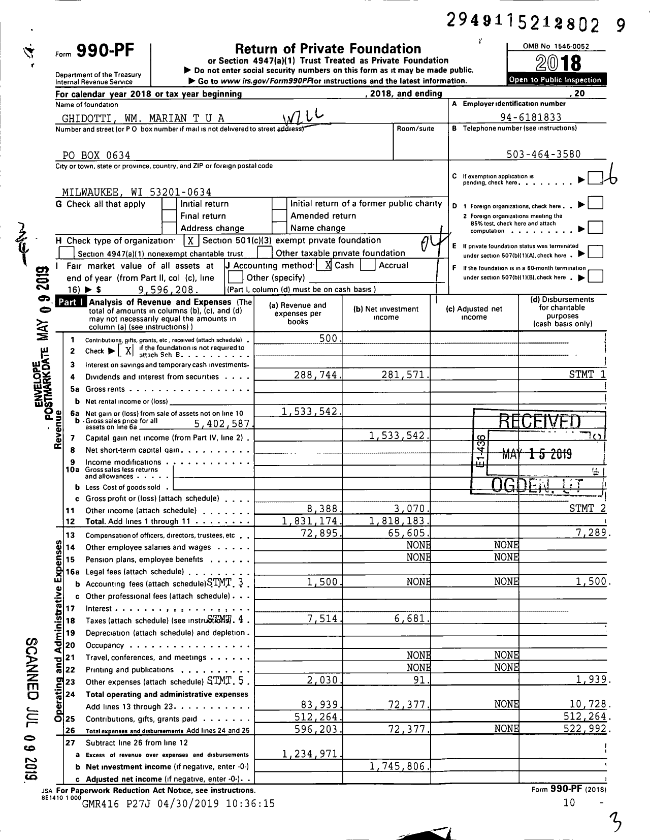 Image of first page of 2018 Form 990PF for Ghidotti WM Marian T U A