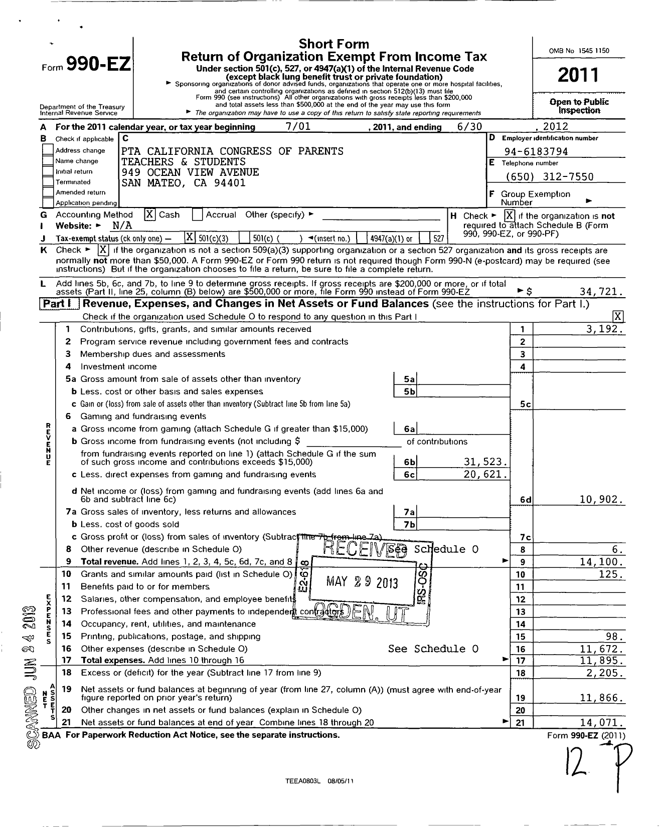 Image of first page of 2011 Form 990EZ for California State PTA - Lead Elementary PTA