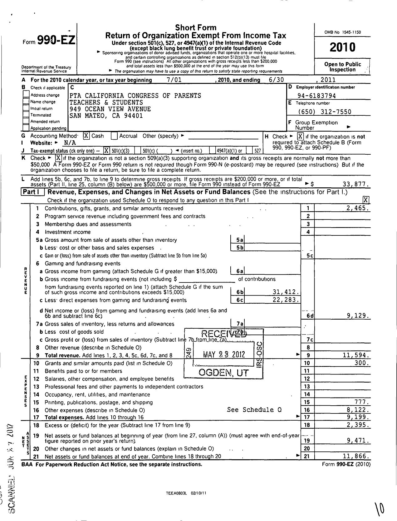 Image of first page of 2010 Form 990EZ for California State PTA - Lead Elementary PTA