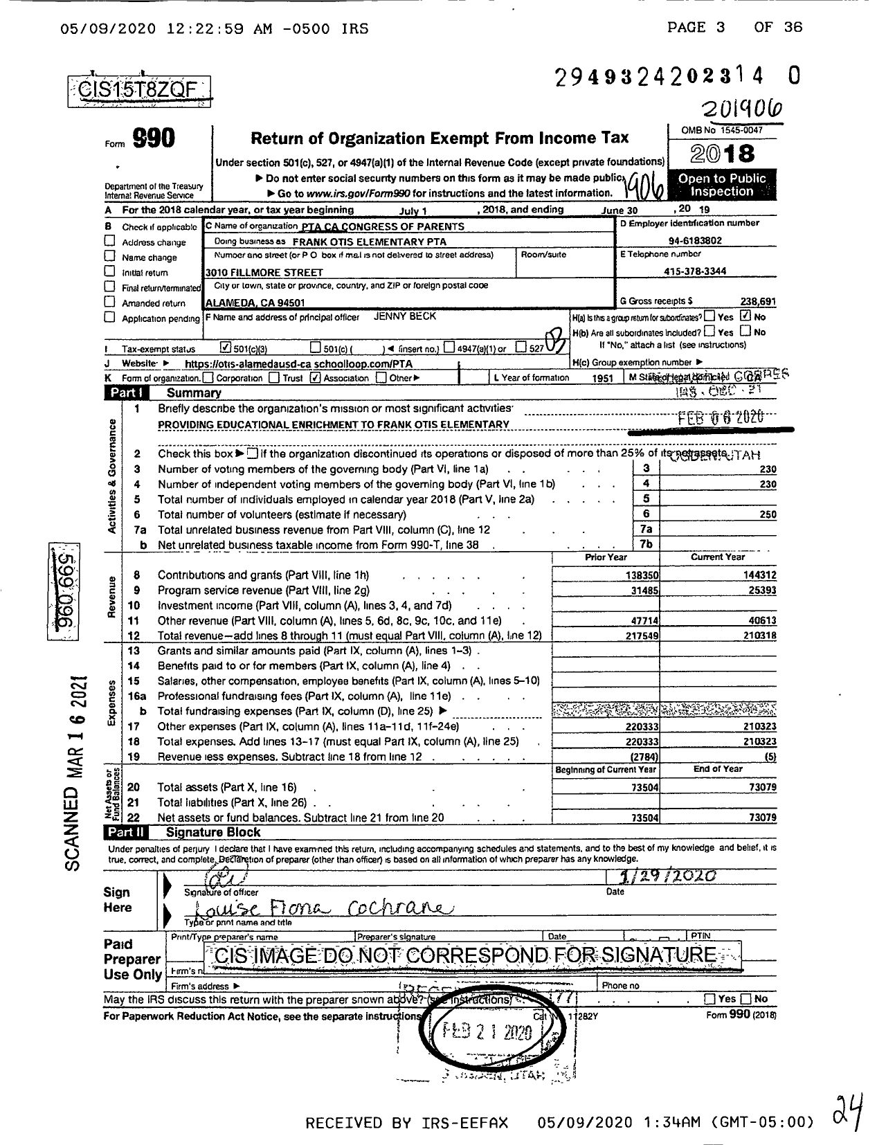 Image of first page of 2018 Form 990 for California State PTA - Frank Otis Elementary PTA