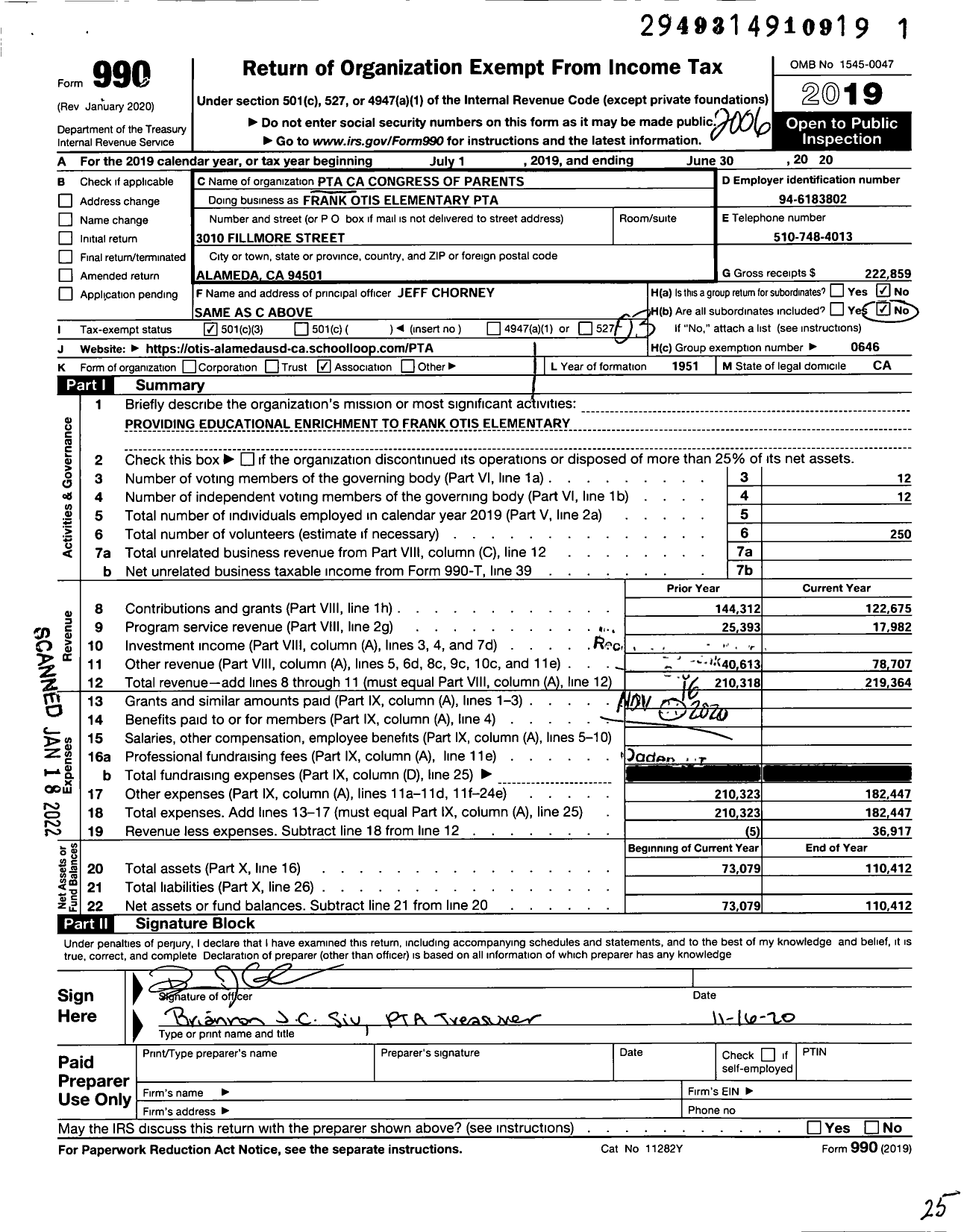 Image of first page of 2019 Form 990 for California State PTA - Frank Otis Elementary PTA