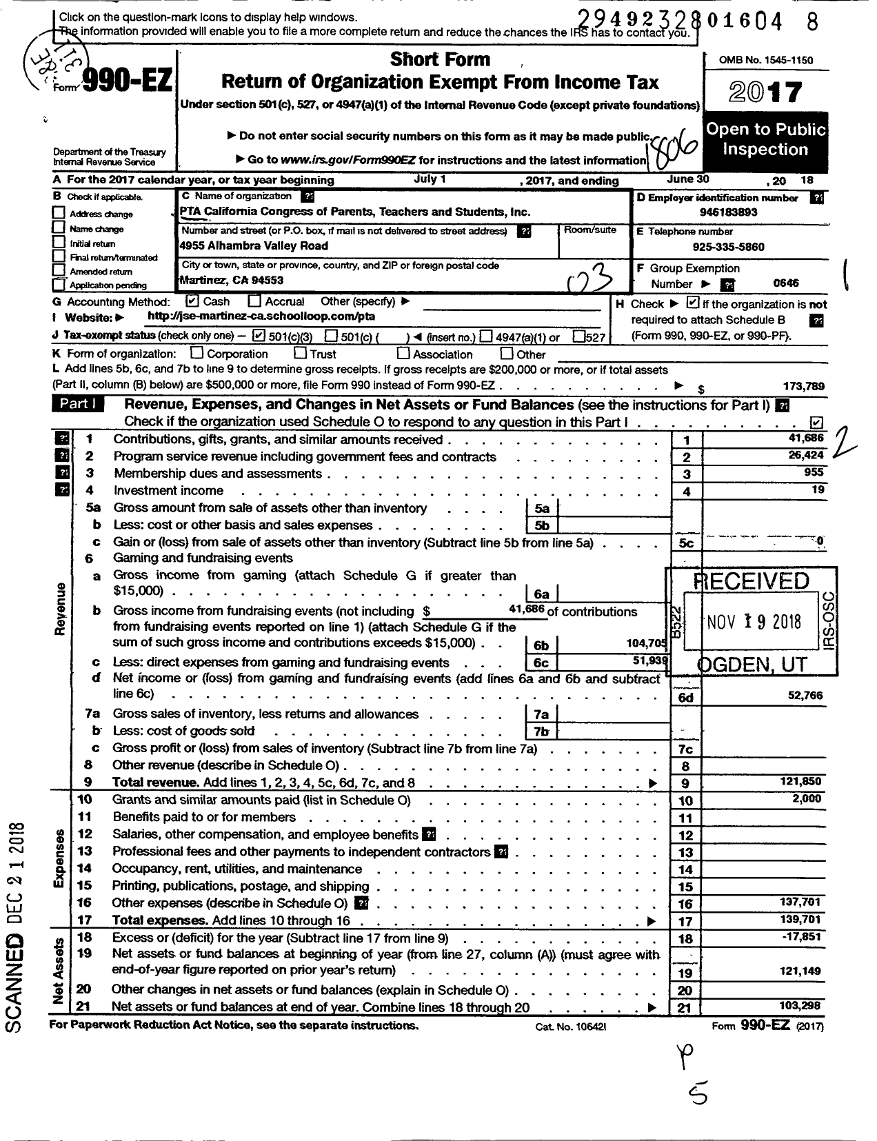 Image of first page of 2017 Form 990EZ for California State PTA - John Swett Elementary PTA