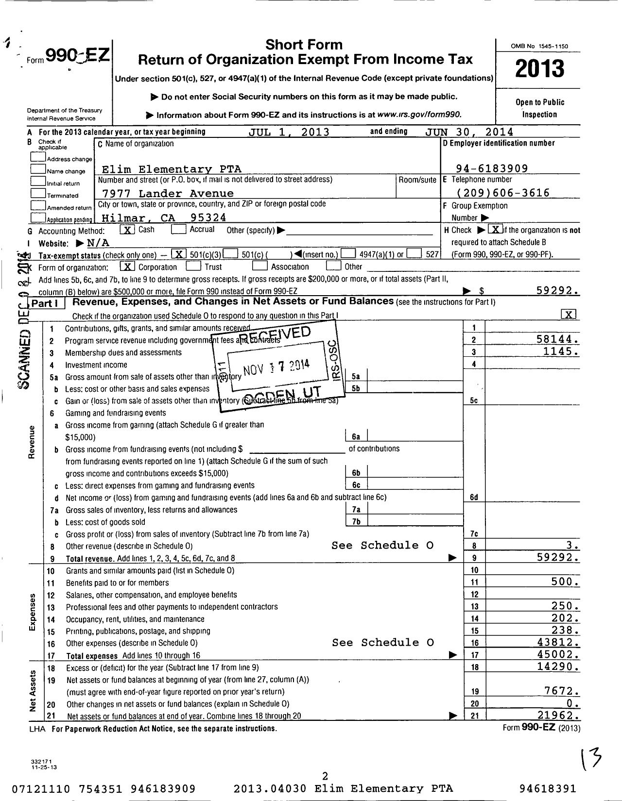 Image of first page of 2013 Form 990EZ for California State PTA - Elim Elementary PTA