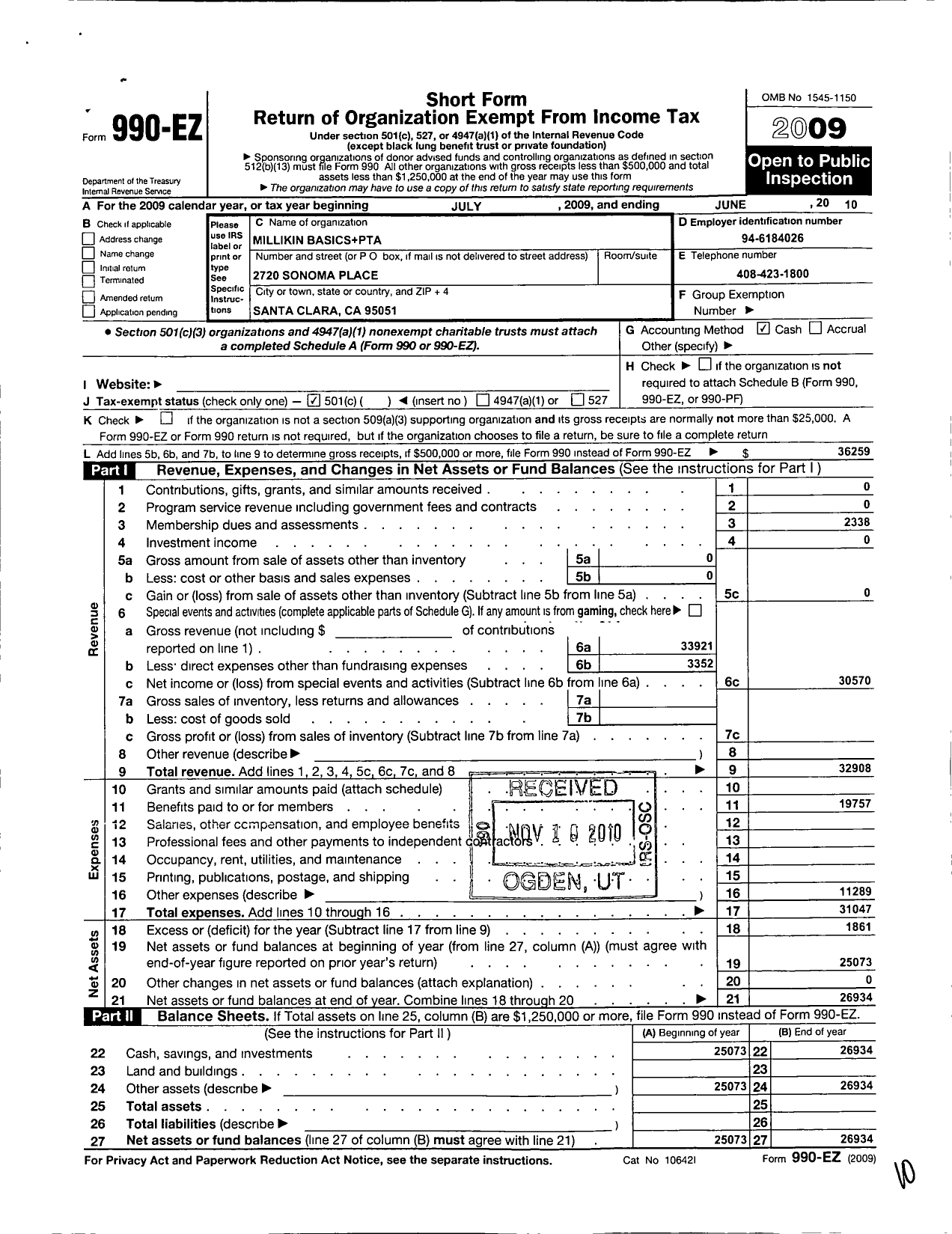 Image of first page of 2009 Form 990EO for California State PTA - Millikin Basics Plus Elementary PTA