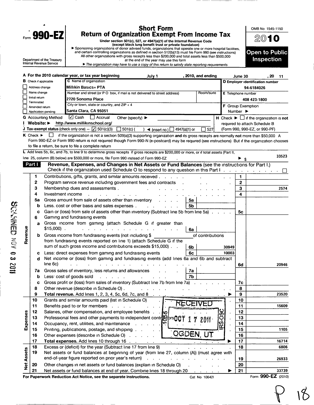 Image of first page of 2010 Form 990EZ for California State PTA - Millikin Basics Plus Elementary PTA