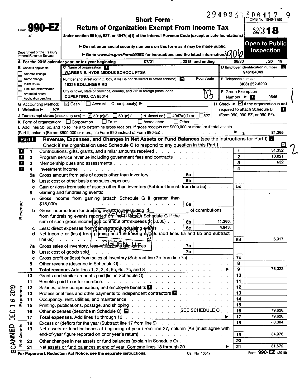 Image of first page of 2018 Form 990EZ for California State PTA - Warren E Hyde Middle School PTSA