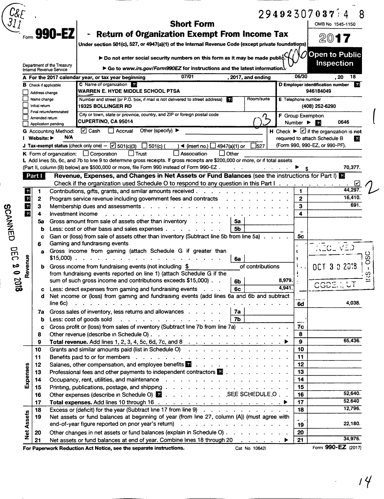 Image of first page of 2017 Form 990EZ for California State PTA - Warren E Hyde Middle School PTSA