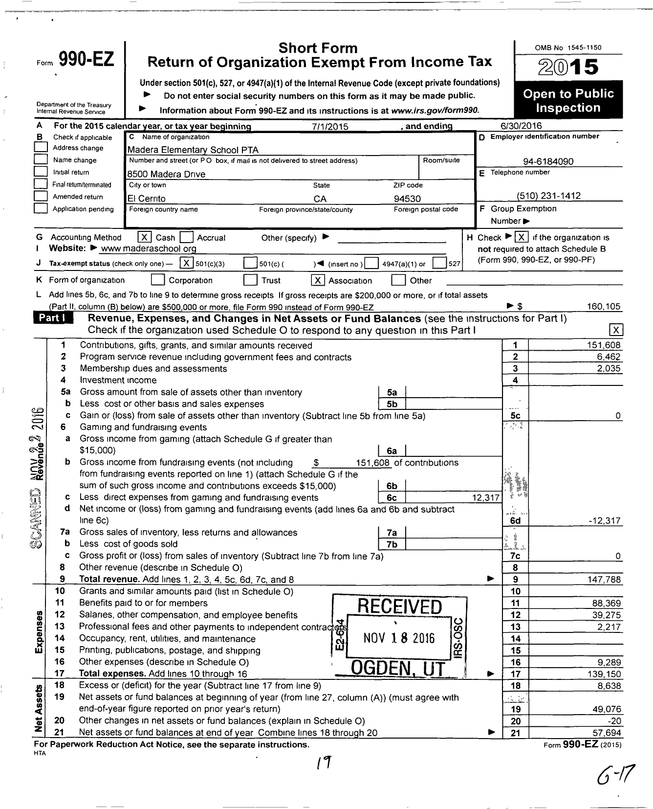 Image of first page of 2015 Form 990EZ for California State PTA - Madera Elementary PTA