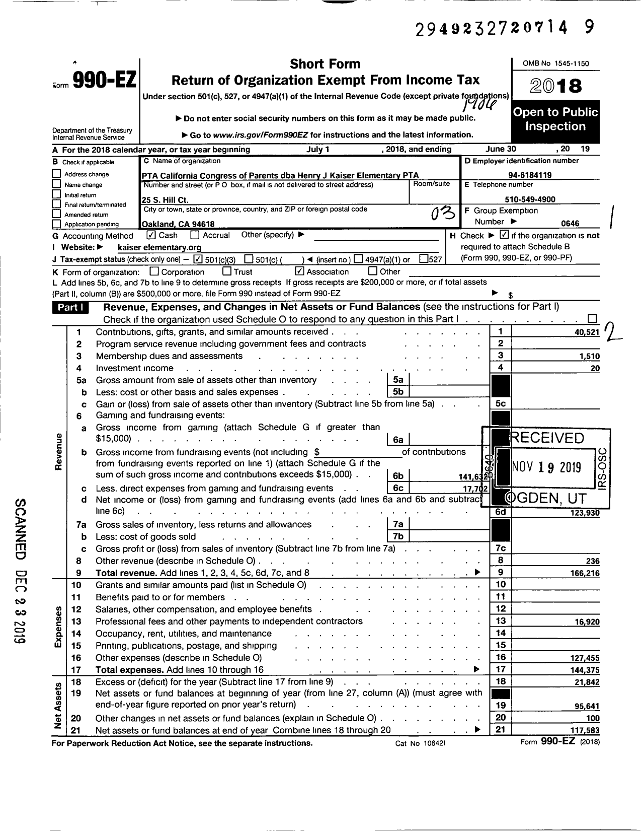 Image of first page of 2018 Form 990EZ for California State PTA - Henry J Kaiser JR Elementary PTA