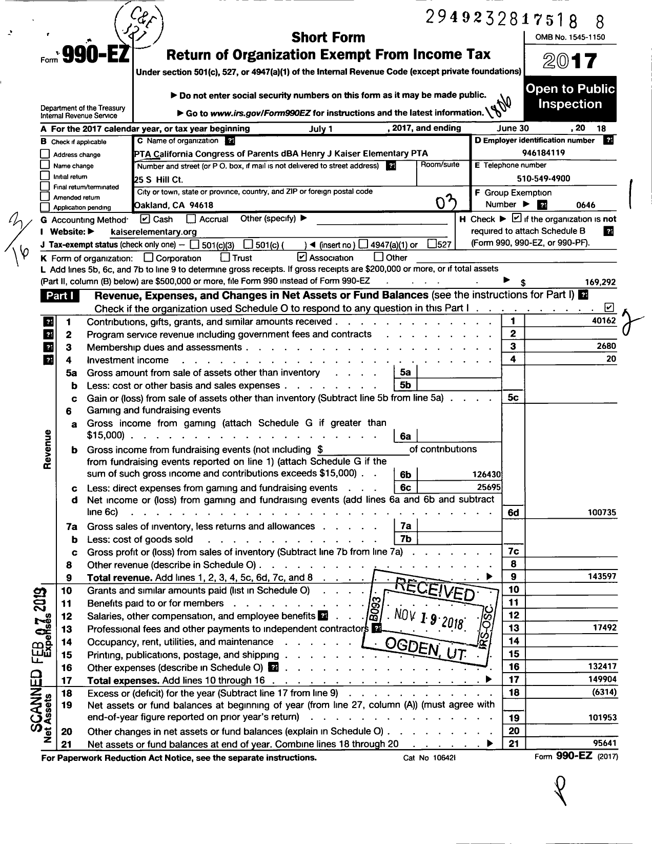 Image of first page of 2017 Form 990EZ for California State PTA - Henry J Kaiser JR Elementary PTA