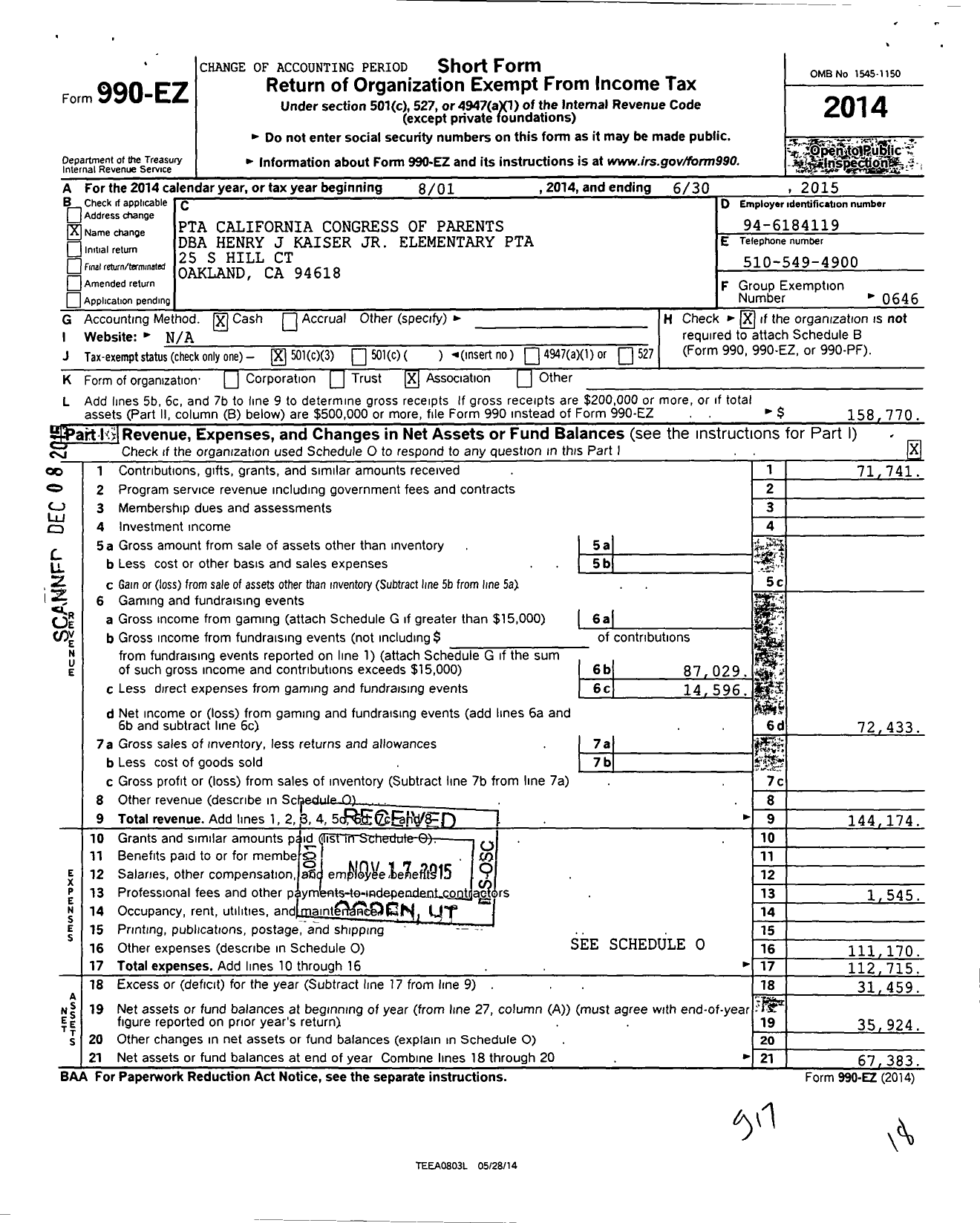 Image of first page of 2014 Form 990EZ for California State PTA - Henry J Kaiser JR Elementary PTA