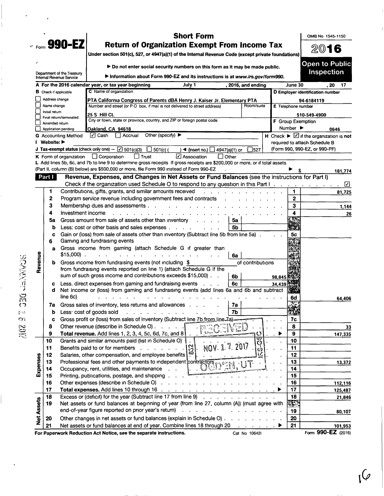 Image of first page of 2016 Form 990EZ for California State PTA - Henry J Kaiser JR Elementary PTA