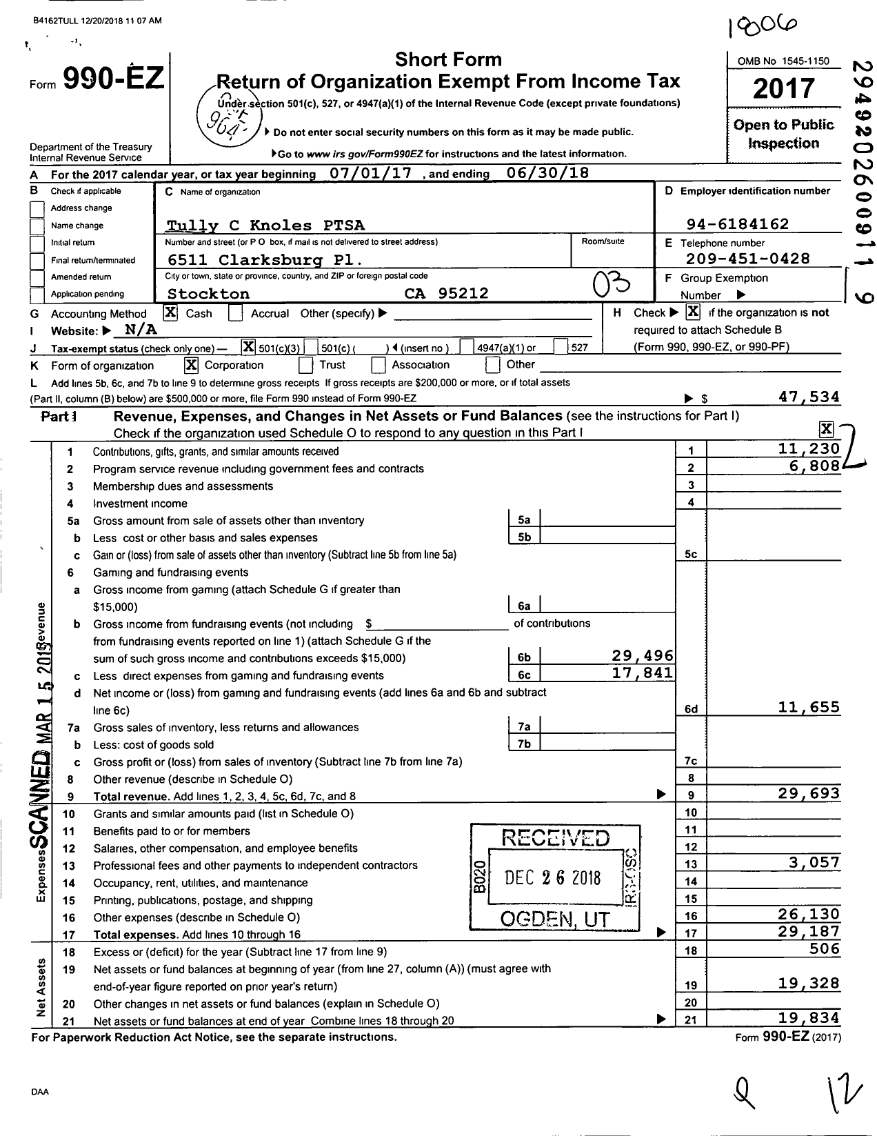 Image of first page of 2017 Form 990EZ for California State PTA - Tully C Knoles Elementary Ptsa