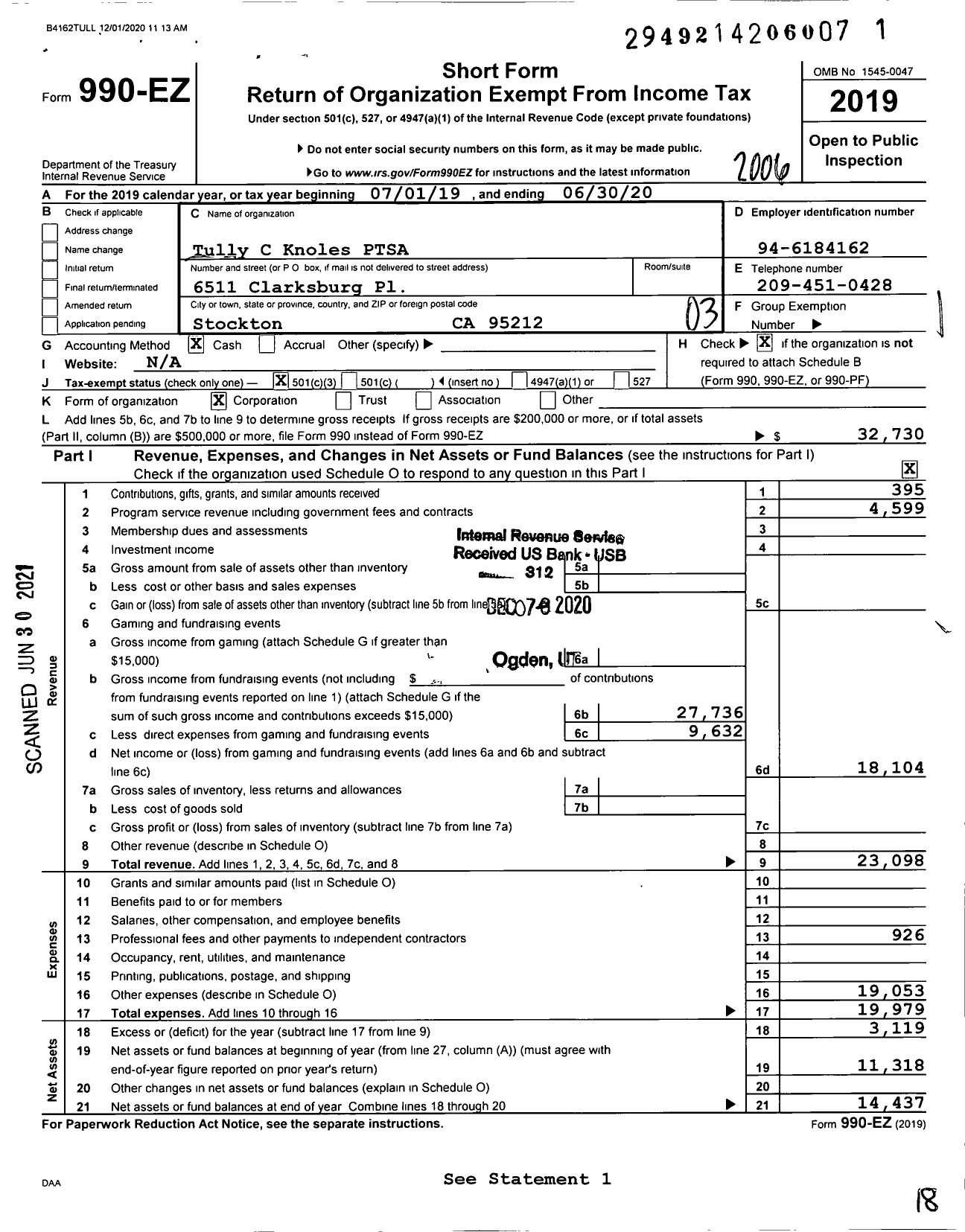 Image of first page of 2019 Form 990EZ for California State PTA - Tully C Knoles Elementary Ptsa